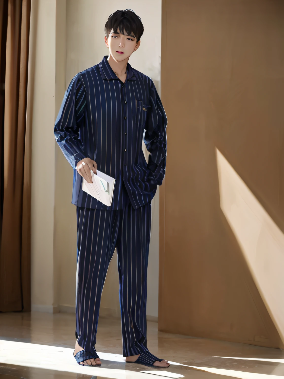 The Arafed man in blue striped pajamas stood in the room, p. j. n, pyjamas, Ray, wearing pajamas, edward, wearing a baggy pajamas, streaked, ji-min, charles, [ Cinematic, gulper eel, mid shot portrait, streaked, Marc, george, Kramer, Shin Jung-ho, noon, fundamental, Cai Xukun