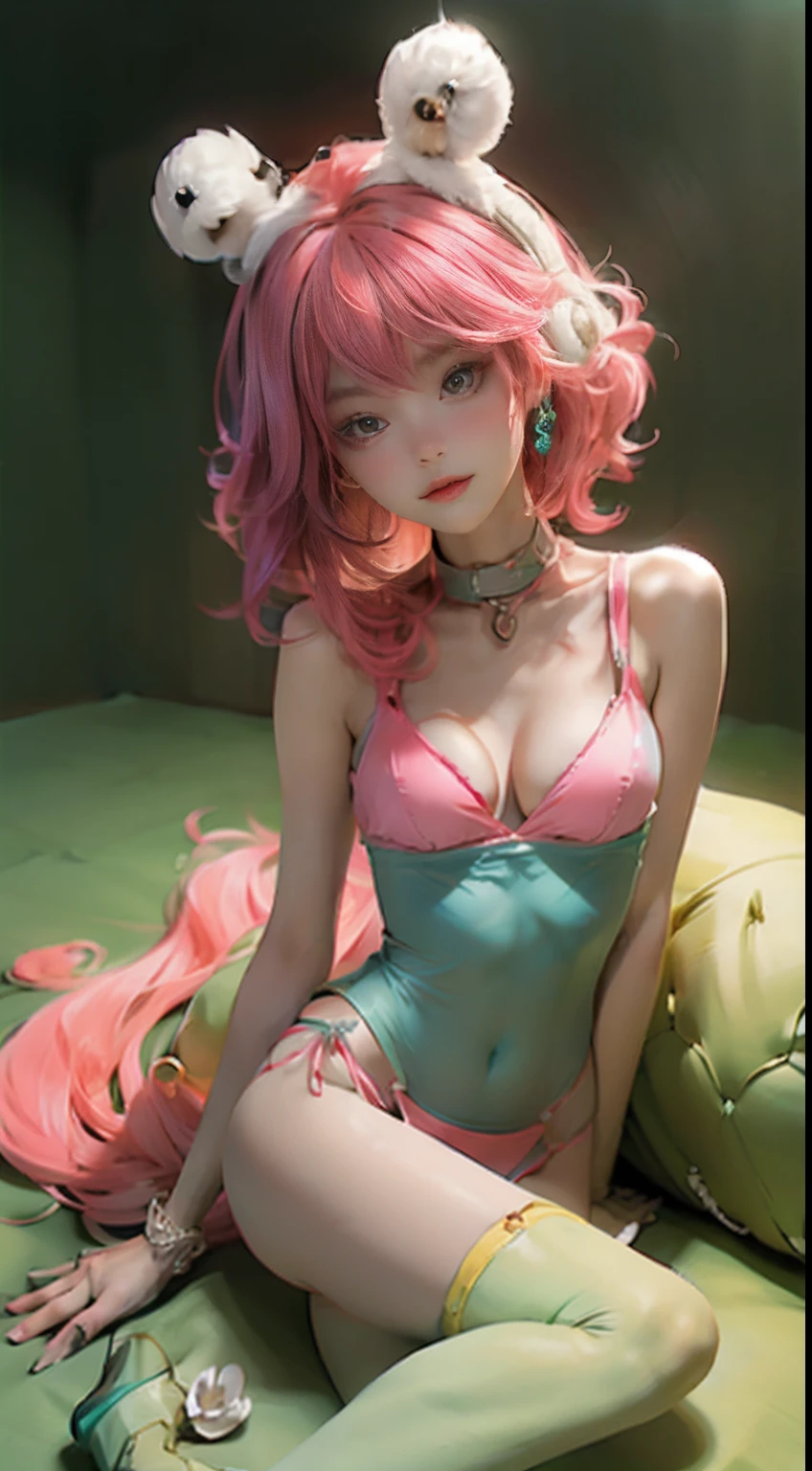 Sitting on a beautiful beach, Pink color, head and full body, Extremely cute human eighteen year old girl, legs with hard white shiny shell, very beautiful and feminine, Short, Petite, beutiful breast, Small, busty buttocks, Medium bust, cleavage display, flat belly display, partial helmet with antenna on the ear, very stylish, award-winning product design, tights, opens with cleavage and abdomen, Stylish, glowing trims、Change the background to the near future