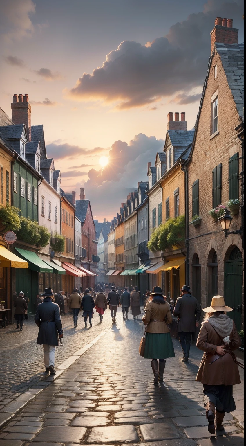 "Create an image that depicts a cobblestone street in the year 1838, with people going about their daily activities."