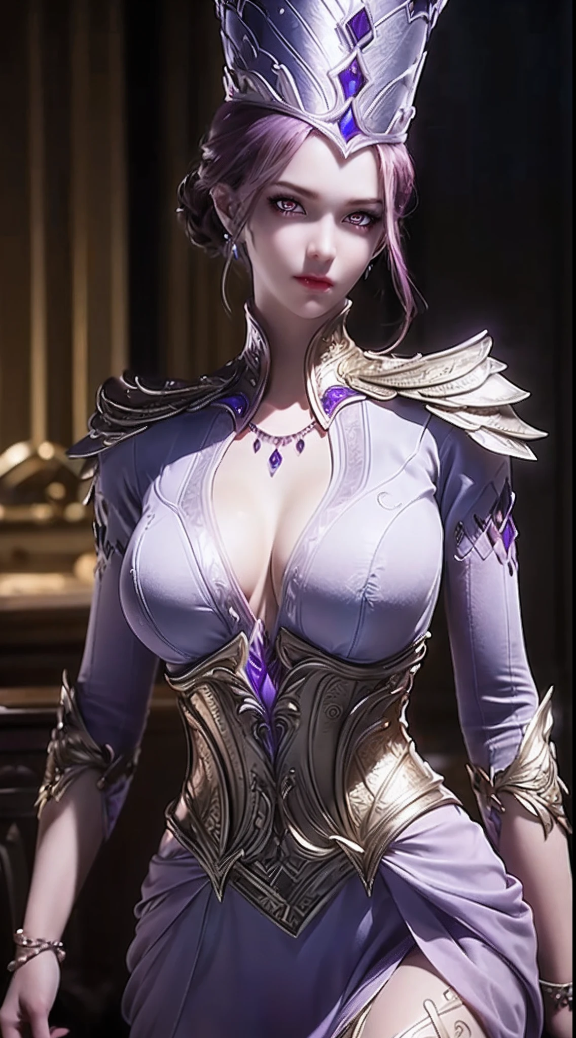 1 sexy goddess wearing sexy purple armor, armor with many intricate and sophisticated patterns, thin armor, deep slit shirt, long and silky purple hair, wearing purple silver spear hat, the most beautiful and detailed hair jewelry, beautiful little face thin eyebrows, the most beautiful and spotless face, ((black iris:0.8)), the very beautiful eyes, big round eyes, ((dark purple color eyes:1.1)), fine and detailed makeup eyelashes, high nose, wearing earrings, small red lips, rosy face, clean face, beautiful face without blemish, smooth white skin, ((big breasts: 0.9)), Blums boobs, ((big and super round breasts:0.9)), ((super tight breasts:1.2)), ((breast augmentation: 0.8)), beautiful breasts, slim and petite body, ((thin waist: 0.9)), upper body of a beautiful girl, Hot and sexy petite body, sexy girl, skirt, 8k photo, super high quality, super realistic, 10x super pixels, photo realistic, dark studio, border light, two tone light, (detailed skin high: 1.2), 8k uhd, dslr, soft light, high quality, volumetric light, candid, Photo, high resolution, light, best photo, 4k quality, 8k, Bokeh, Smooth and sharp, pixel up 10 times, (background space: 1.8), (galaxy: 1.7), aurora, lightning, super graphics, the most realistic graphics,(Aurora Background: 1.8), alone, solo, portrait 9:16, Extremely sharp, super realistic images,