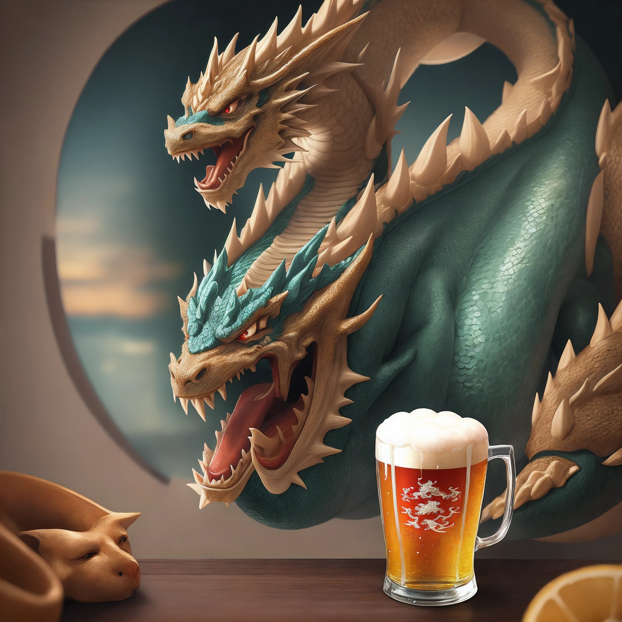Beer glass with Chinese dragon background