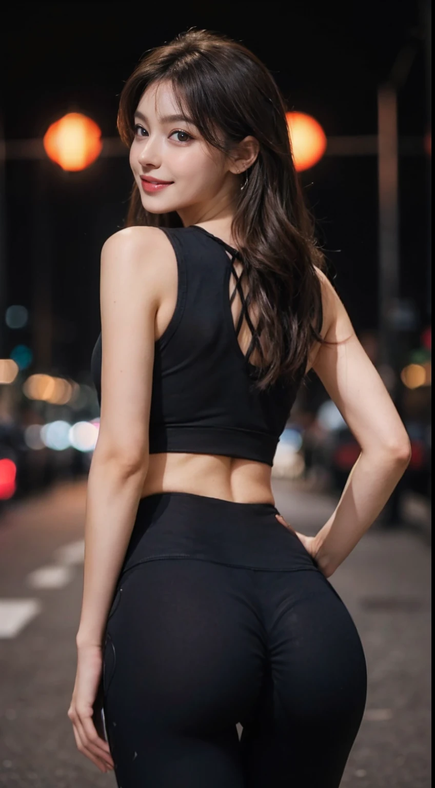8K, Masterpiece, RAW photo, Best quality, Photorealistic, Extremely detailed CG unifies 8K wallpapers, Depth of field, Cinematic light, Lens flare, Ray tracing, (Extremely beautiful face, Beautiful lips, Beautiful eyes), intricate detail face, ((ultra detailed skin)) 1girll, In the dark, deepshadow, Pretty Korean girl, Kpop idol, 1 girl, (Very slim and slender muscular body:1.3), ((view the viewer)),(Big smile:1.3), (Tight lace-up blouse), (Pink shirt), (Sleeveless) , (Fashion night, Dark night, (neon lights sign), (Blurred background), Fashion Street Night),(No one is in the background:1.3), Beautiful earrings, bangle, necklace, Pantyhose, Clear eyes, (Pale skin), (Big eyes), Face forward, ((upperbody shots)), ((Yoga pants for:1.3)),(brown hairs),((Tight Yoga Pants)), (see through), (view the viewer:1.3) ，Very slim, Medium breasts, Turn Back, Peach buttocks，Back shot, ((see through)), underwear, Turn Back, ((Back shot))