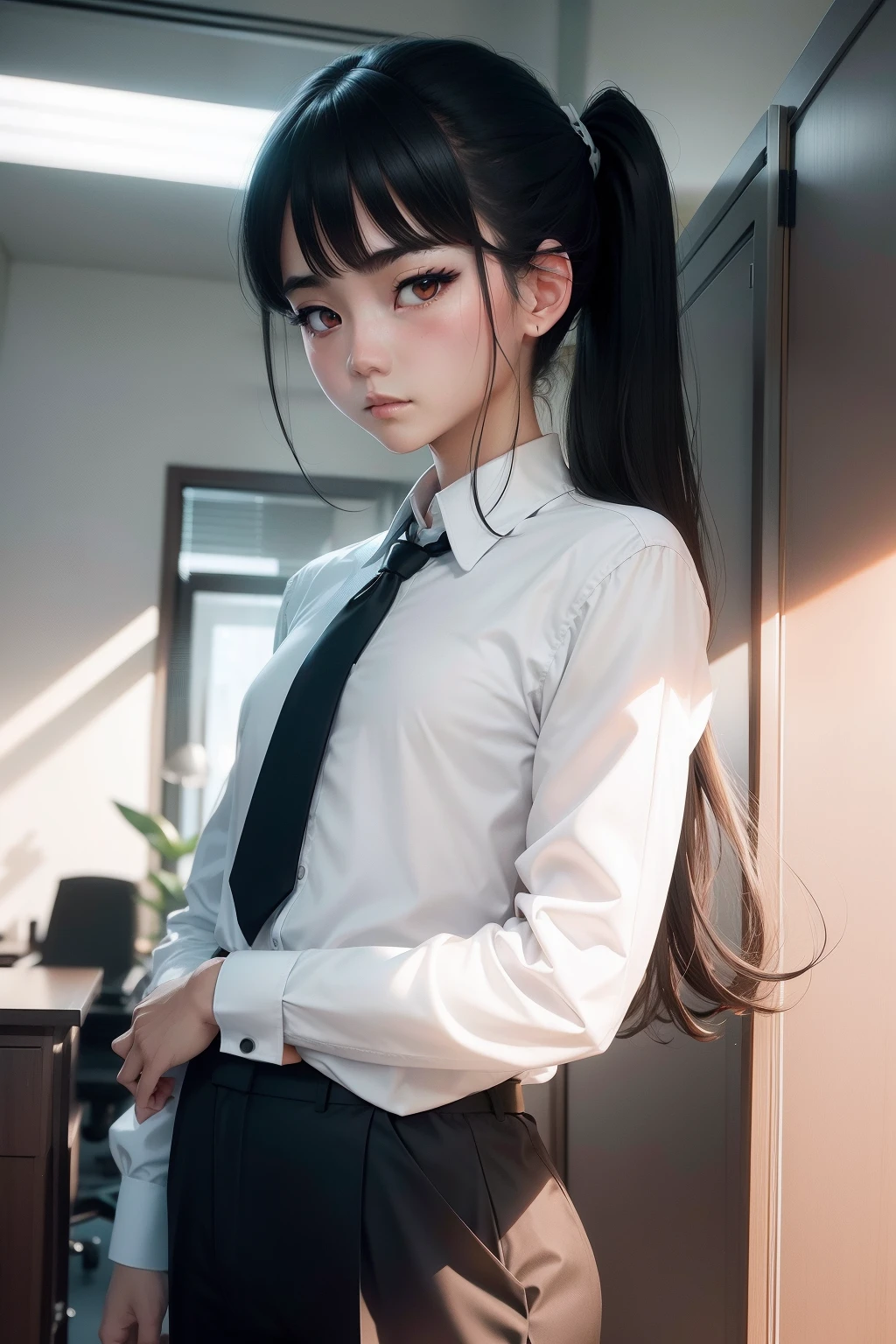 Hu Tao, 1girl, solo, ((white shirt)), black thighhighs, breasts, cleavage, uniform, office background, black skirt, pleated skirt, office, hair between eyes, brown eyes, flower pupils, medium breasts, long hair, looking at viewer, Black hair, brown short nails, solo, thighhighs, thighs, very long hair, ((masterpiece)), sitting, chair, desk, computer on desk, name tag, id tag, indoor, blush, sexy pose, ((long twintail)),