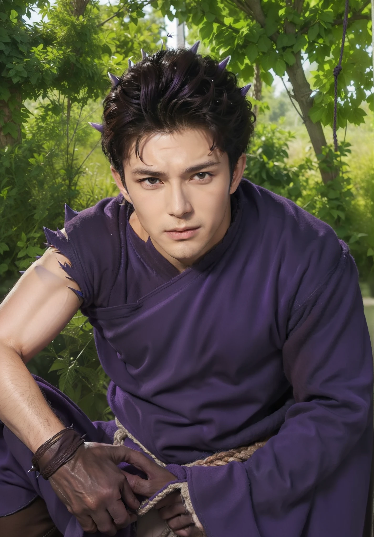 Real life adaption of this character,(realistic spiky Messy hair),((realistic outfit long-sleeved robe is purple and one of the sleeves is torn at the shoulder)),realistic brown gloves,black pants,white rope in wasit,handsome Korean face,realistic light,realistic shadow,(photorealistic1.2),realism