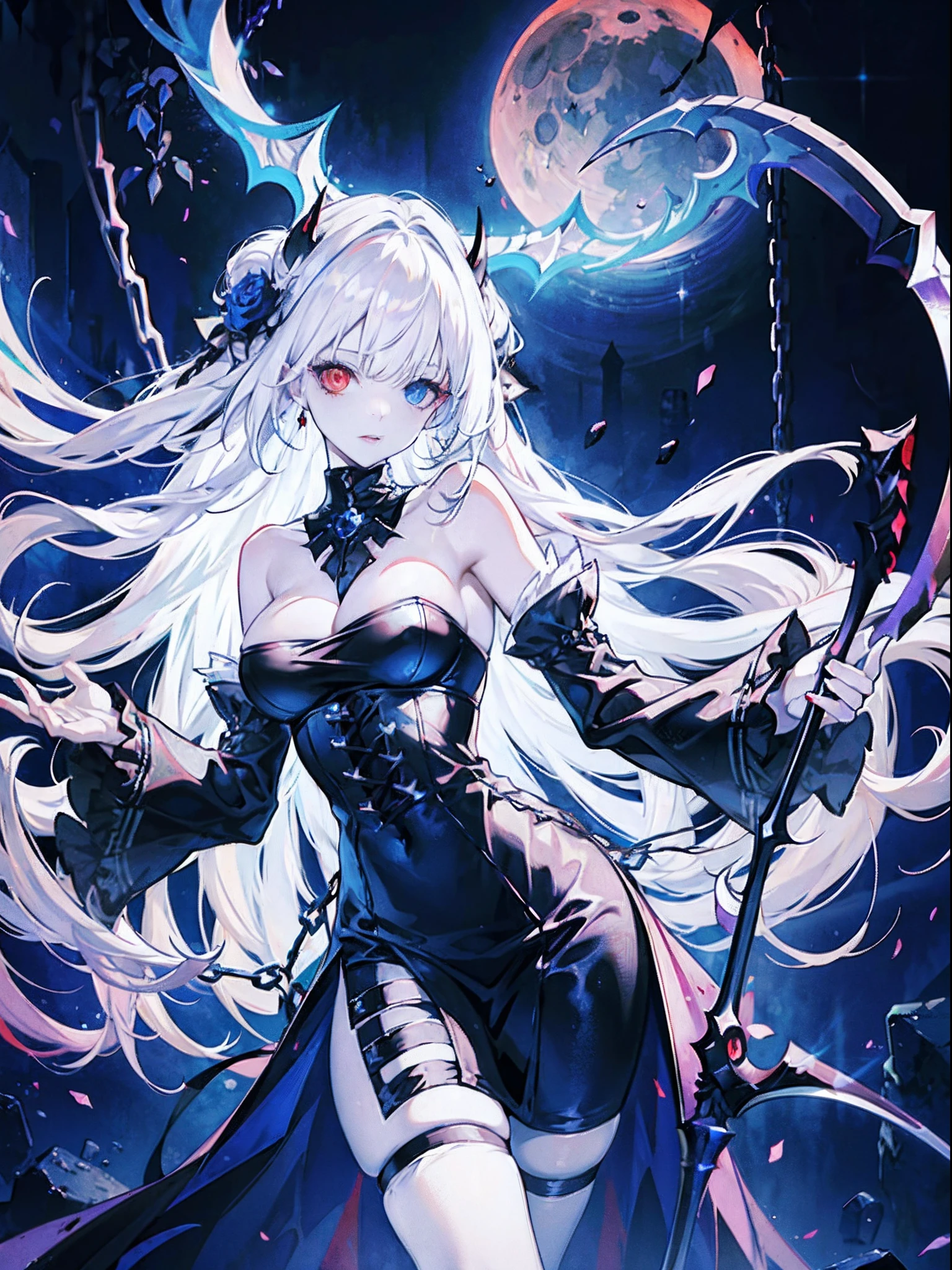 Evil white-haired demon, With a chain scythe, Sexy Outfit, Heterochromia eye, Black, Red Moon and Blue Rose, Fantasy background
