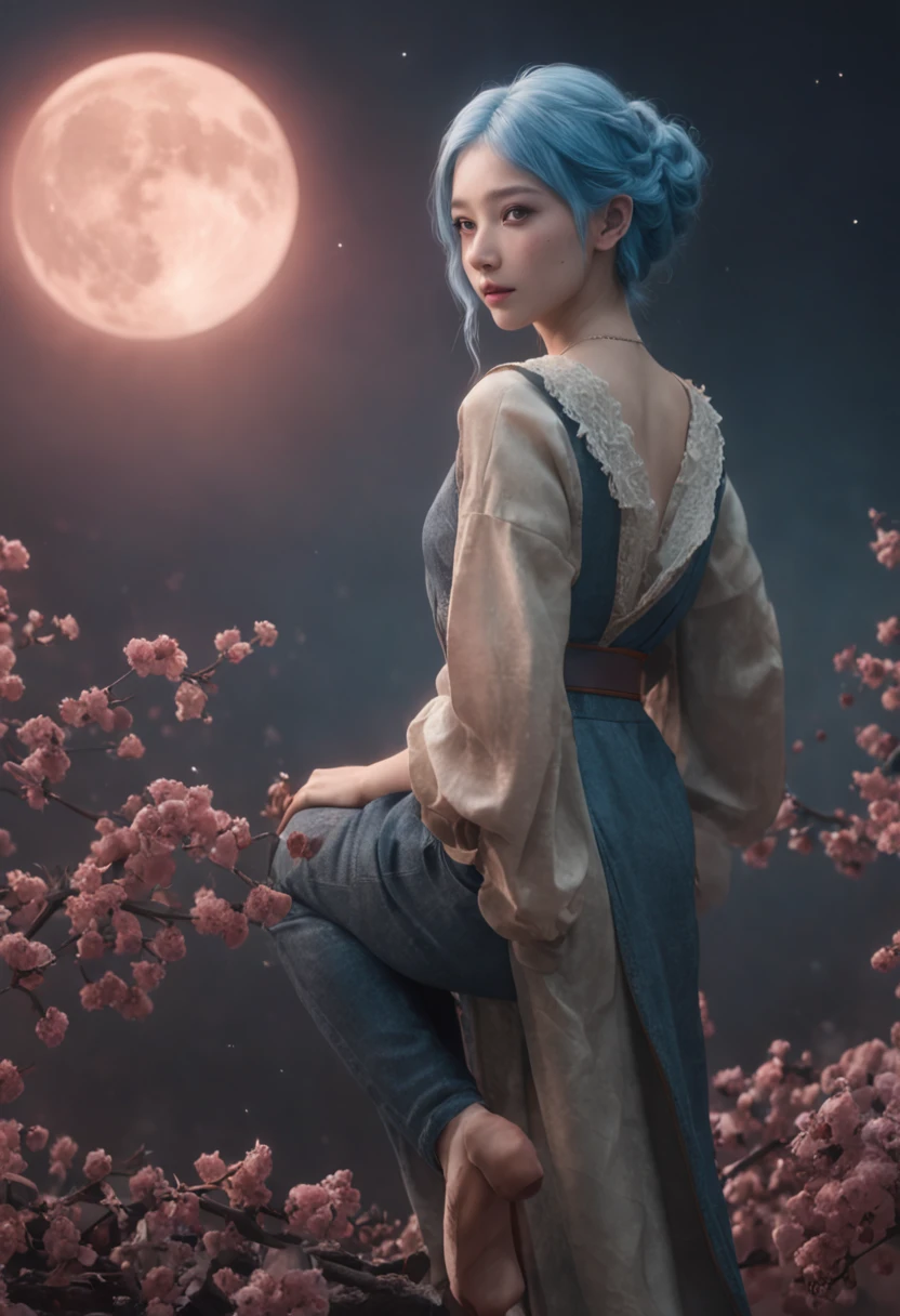 (first person perspective, in a panoramic view,magic realism,surrealism,Chiaroscuro, anime illustration:1.5,,Masterpiece, hyper HD, Super detail, High details, Best quality, A high resolution, A high resolution, Award-Awarded, Award-Awarded, Anatomically correct, 8K),(Delicate anime girl:1.5,blue hairs,sitting on a moon:1.5,Peach blossoms with blurred foreground,the sea,clouds,A huge crescent moon levitates in space,Peaceful night sky in the background,A lot of meteors),( Chic girl,anatomy correct,Cinematic lighting,senior color matching,Dark background)