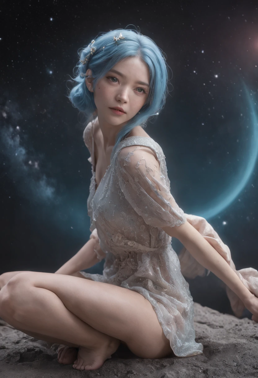 (first person perspective, in a panoramic view,magic realism,surrealism,Chiaroscuro, anime illustration:1.5,,Masterpiece, hyper HD, Super detail, High details, Best quality, A high resolution, A high resolution, Award-Awarded, Award-Awarded, Anatomically correct, 8K),(Delicate anime girl:1.5,blue hairs,sitting on a moon:1.5,Peach blossoms with blurred foreground,the sea,clouds,A huge crescent moon levitates in space,Peaceful night sky in the background,A lot of meteors),( Chic girl,anatomy correct,Cinematic lighting,senior color matching,Dark background)