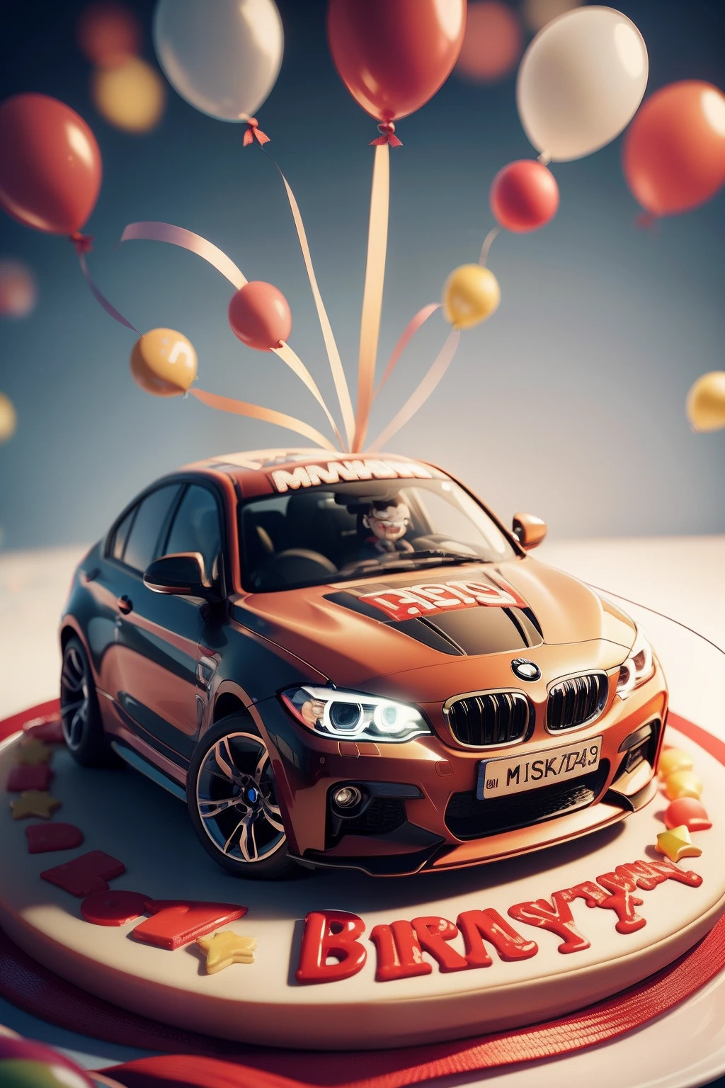 Happy birthday! On a festive high cake is a funny cartoon BMW car. Lots of candles and balloons. Close-up. Lots of details. Festive, fun. Cartoon style Disney Pixar. Super realistic. Cinematic. Light blurred background of the festive table. Light haze.