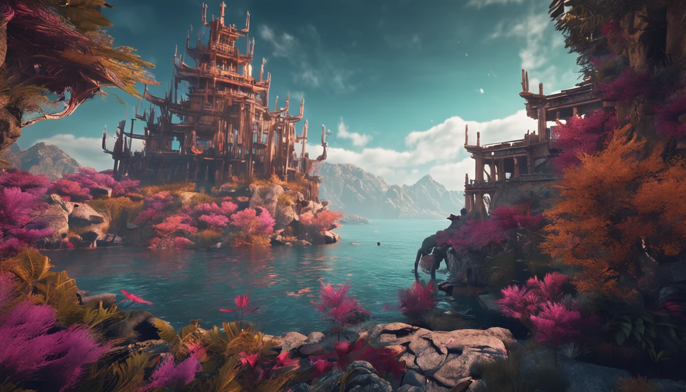 ruins、Huge tower in the center、sea of clouds