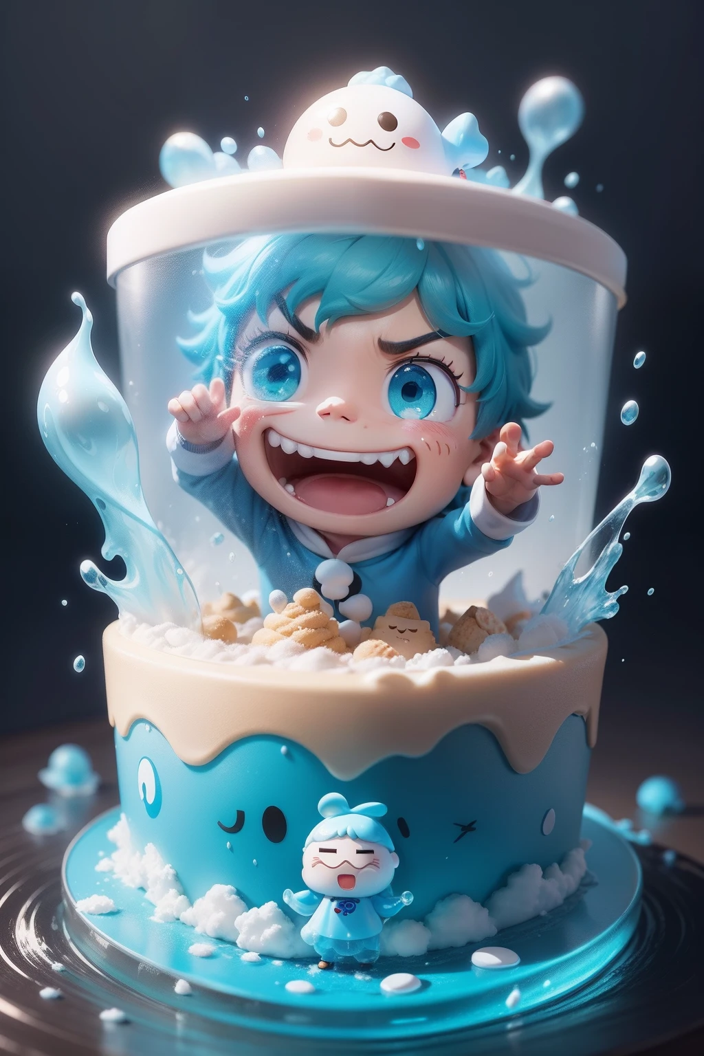 A cartoon character of a boy with an ice cream cone on his head,Symbol emojis,(9 emojis,emoji sheet of,Align arrangement),9 poses and expressions(grieves,astonishment,having fun,exhilarated,big laughter,Angry,doubt,Touch your head,Sell moe, wait), This character has a freezing effect, The character is covered in liquid water, mind character, mapo tofu cartoon, Flat pancake head, cute character, character is standing, blue transparent jelly, cereal mascot, Cloud hair, full body mascot, toonix character, character with a hat,Emoji pack,Different emotions,9 poses and expressions