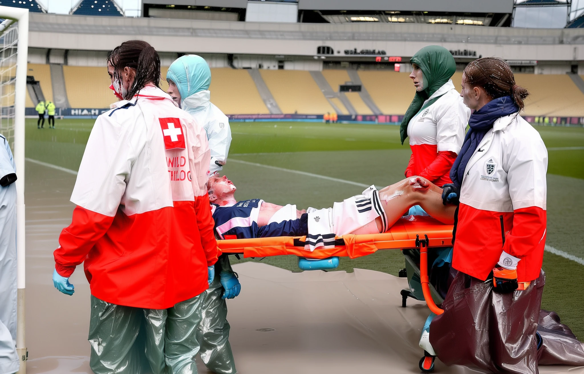 There is a man lying on a stretcher with his hands crossed over his face, a man in a t-shirt and sports shorts has crossed his hands over his face, the man has an agonised face under his hands, two longhaired and ponytailed women that are wearing very shiny coats, there are longhaired women wearing laquered puffy coats, longhaired women are walking in wetlook puffy coats, several women walking around a football field with an injured athlete on a stretcher, the injured athlete on the stretcher covers his face with both hands, the women look very worried, behind the women there is a frightening atmosphere, there is heavy rainfall in the background, video still, behind the scenes, Malika Favre, screenshot, footage, 4 0 9 6, cover photo, aesthetic shot, dramatic mood, intense scene, Making of, Mongezi Ncaphayi, Thriller atmosphere, Filming, Edited