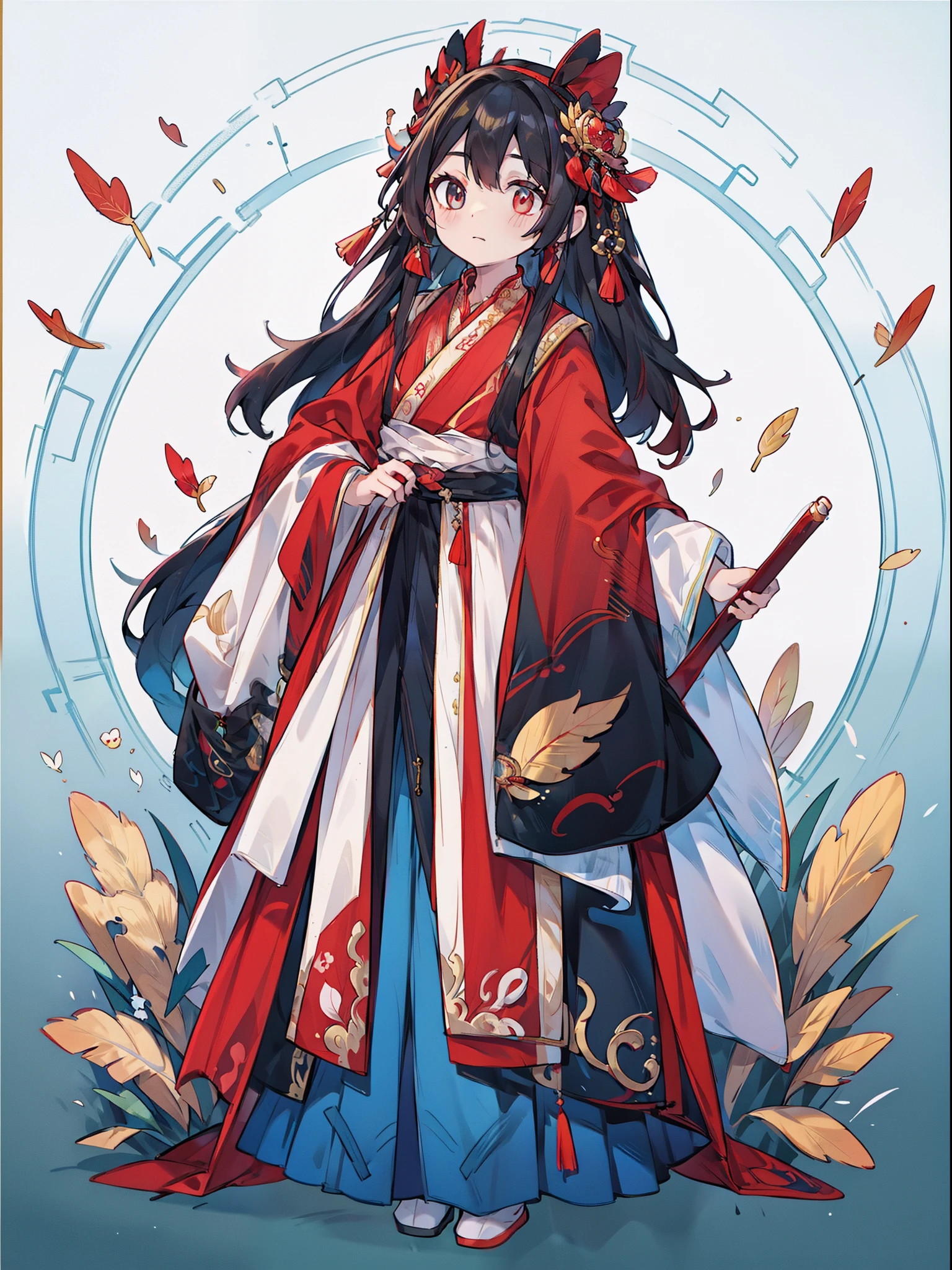 (NOhumans:1.5), a masterpiece of, ultimate,(Feather ornament),(Ancient Chinese Clothes,Pleated long skirt,cloaks,gossamer,Gold chain,red color Hanfu,Phnom Penh embroidery),gameicon