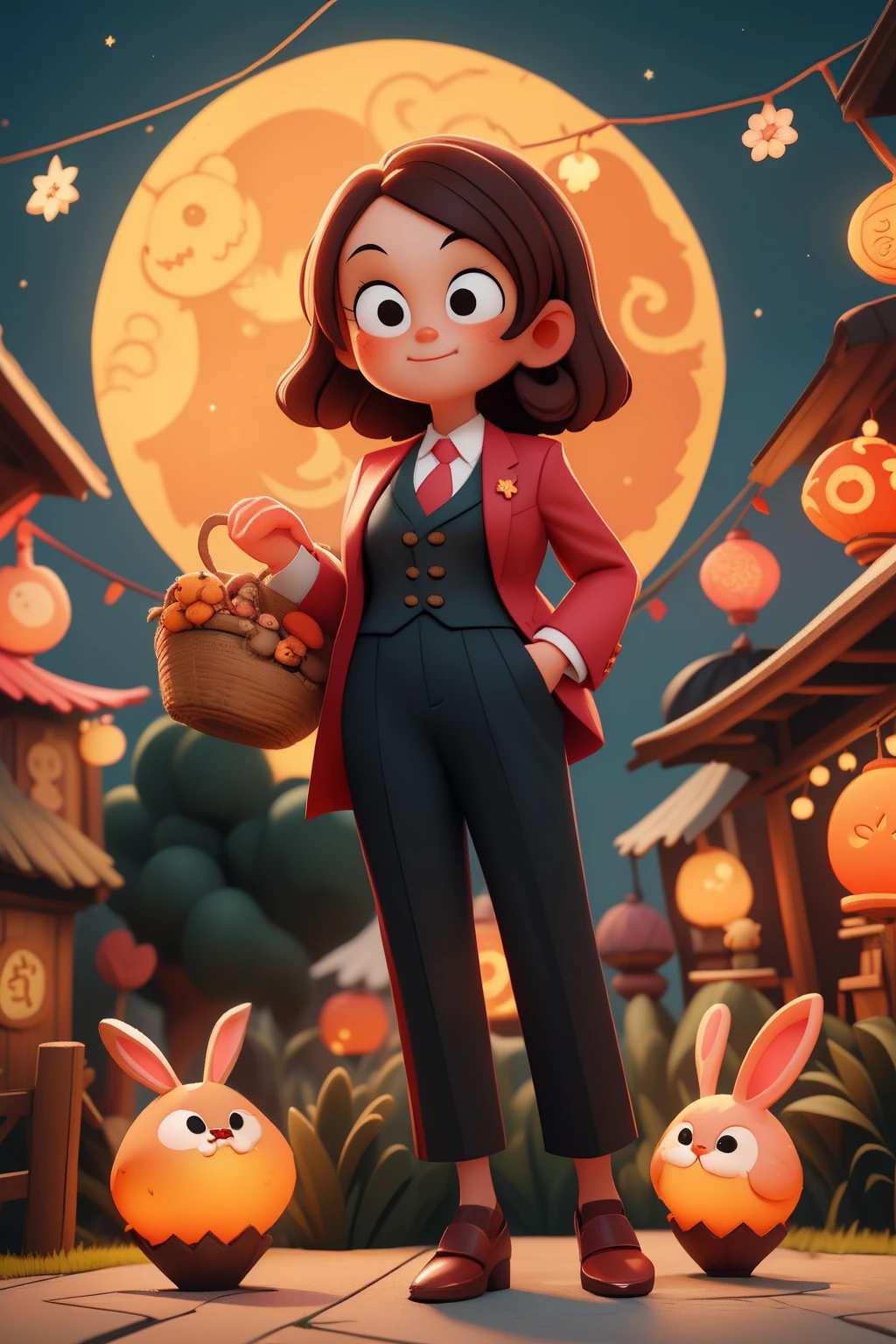 1womanl，brunette color hair，dressed in a suit，Visit the temple fair，natta，Outdoor on the street，There are lanterns，lanterns，There are moons，A small number of rabbit dolls，((Mid-Autumn Festival))，Cartoony，pixar-style，3D，Cartoony，(Masterpiece，Best quality，Rich in intricate details)