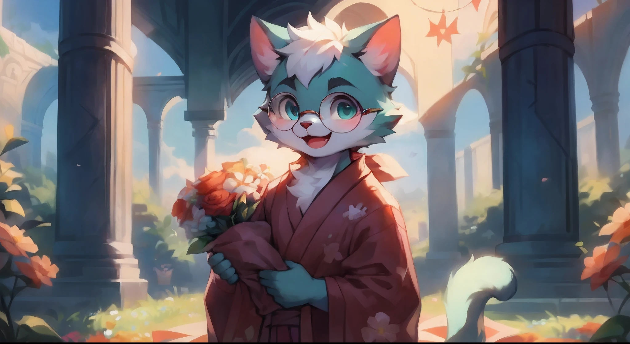 a portait of a fully grown and mature and aged adult male cat with big circle glasses and a red scarf, the cat is very tall. bushy tail, and perked-up fluffy big ears, one ear is lowered. He wears a fluffy warm and cozy kimono, a handsome cat fursona with teal fur color, the chest has white fur, white fur around mouth and cheeks, white hair, fluffy black cat ears, fluffy white neck. he is holding a bouquet of flower with both of his hand, he have a open mouth teethful smile. there are field of flowers in the background, there are pillars in the back ground, extremely detailed background, detailed eyes