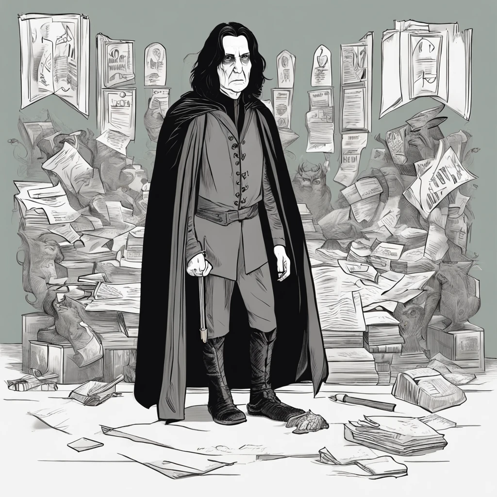 an owl give severus snape a envelope, severus snape holding magic wand , his long-shoulder black hair, wizard, , robes, in school