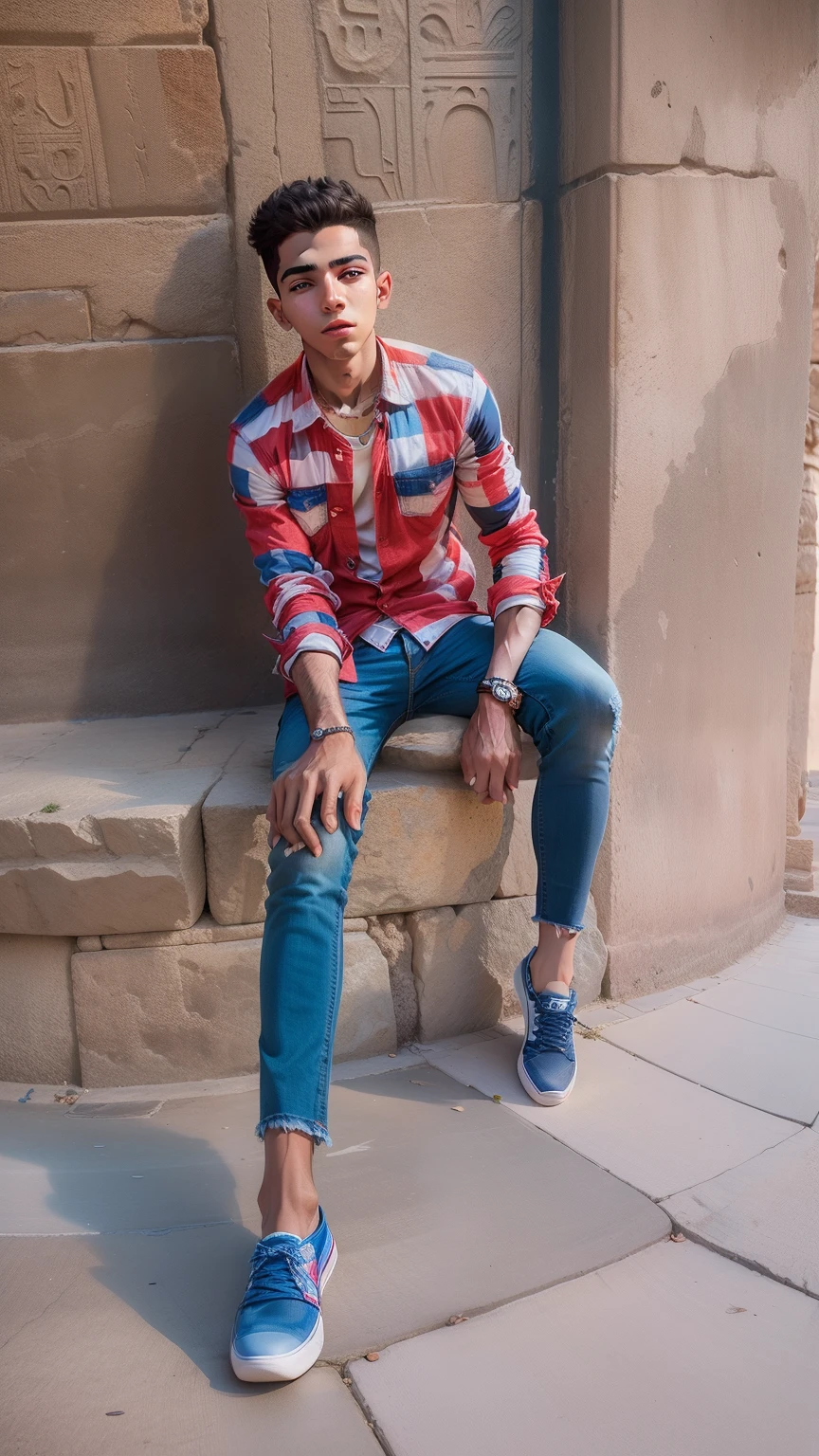 arafed boy sitting on a stone bench wearing blue jeans and a red and white checkered shirt, in giza, with a cool pose, mohamed chahin, in egypt, mohamed chahin style, cool pose, around 1 9 years old, casual pose, casual photography, full body photogenic shot, riyahd cassiem, very very low quality picture