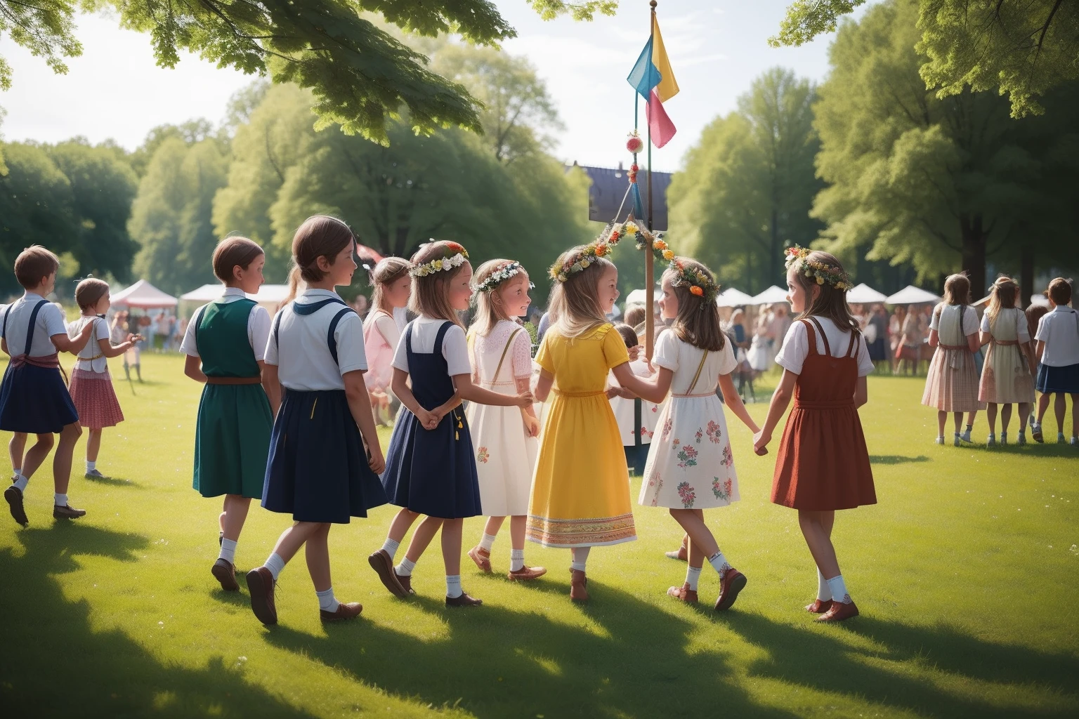 Year: 2023
Country: Hungary
Description: At a traditional Hungarian festival, families gather in their best outfits to celebrate with folk music and dance. In the center of the festivities, children twirl in their vibrant dresses and vests, capturing the spirit of their culture in a Wes Anderson-like setting.