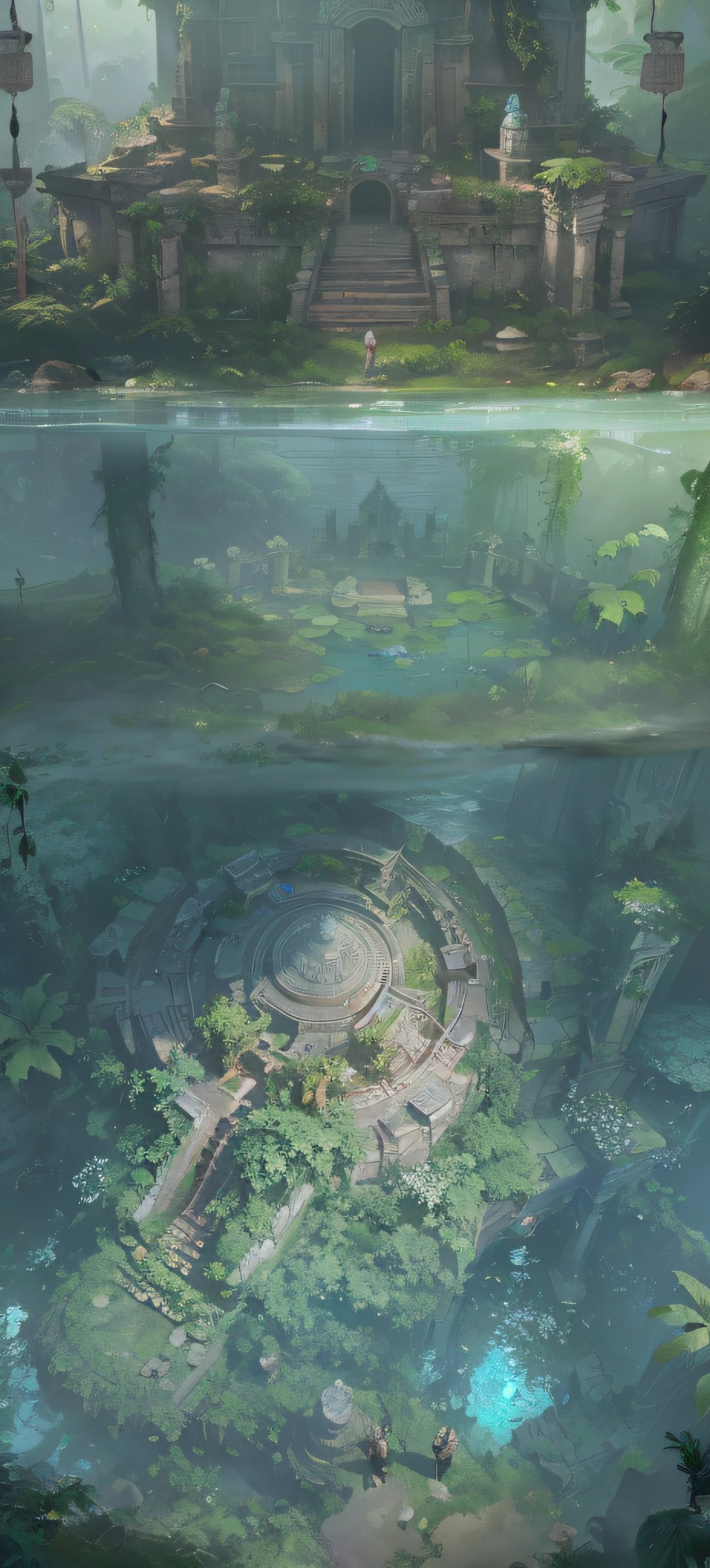 there is a large building in the middle of a lake, submerged temple scene, submerged temple ritual scene, scifi gadgets in a pond, overgrown jungle environment, submerged temple dance scene, overgrown jungle ruins, matte painting of steam machines, environment concept art, Overgrown environment, Ultra detailed concept art, secret overgrown temple, 8k hd wallpaperjpeg artifact