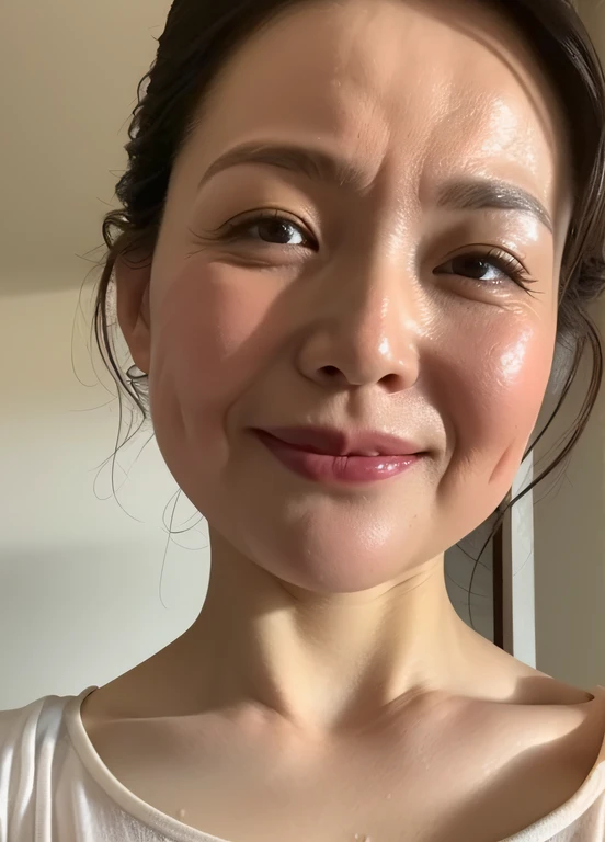 masterpiece,best quality, (milf:1), accurate anatomy, ((extreme close up:1.5)), ((Looking at the Viewer, open mouth:0.75)), ((your chin up:1.3)), cross arms, sweaty body:1, wet white shirt, ((seductive expression)), friendly, in room