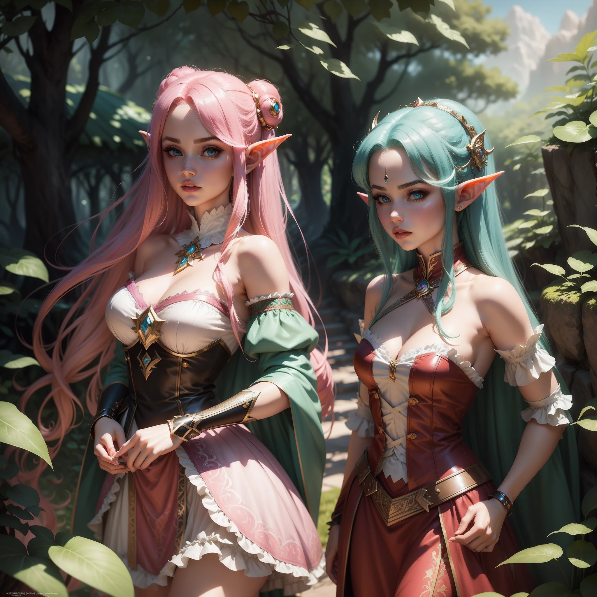 breathtaking woman elf, a fantasy background, beautiful hair, lolita outfit, perfect matching colors, Alex Zappa, Bijou Karman, Ham Sing-Choul, illustration, concept art, accessories, 32k, sharp focus, art by artgem, art by artstation, award-winning art, cinematic, inked, cell shading