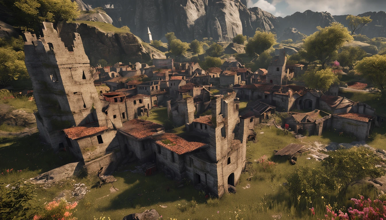 A small village in the foreground、Huge tower in the back、ruins