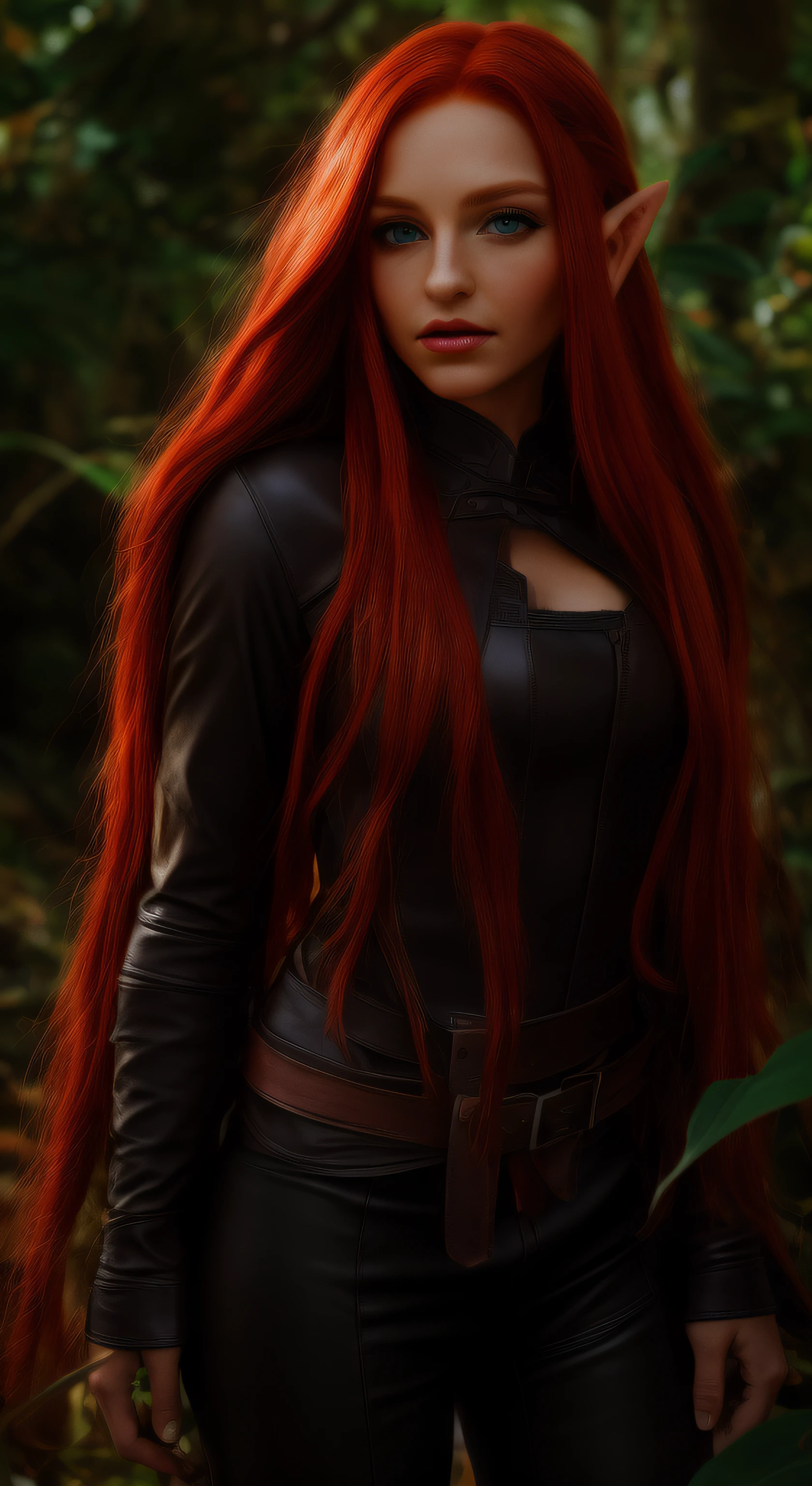 (((Elf))), pretty female, (((long red hair))), (((leather clothes))), in the middle of the jungle, red eyes, night, extreme light, magical atmosphere, precise details, highes definition, hyperrealism, 8K