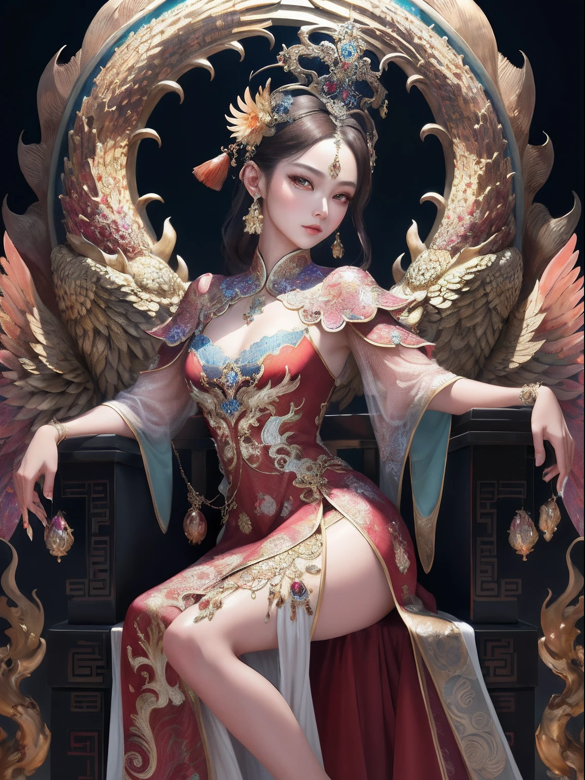 A Chinese girl sitting on a throne, a throne encrusted with precious stones, surrounded by Chinese phoenix beasts, gold and ruby color, unique monster illustration, Dau al set, high resolution, a painting, dense composition, playful repetition, precious stones, crystals, gold, detailed paintings, unique monster illustrations, super fine details, realistic, super high resolution, complex, super detail, (skin dents), cute, feminine, detailed body, (Detailed face: 1.1), (contoured iris), (watercolor lenses), (perfect eyes), 4k, gorgeous, (masterpiece: 1.2), (best quality: 1.2), gorgeous long dress, dynamic pose, rich colors, film light and shadow