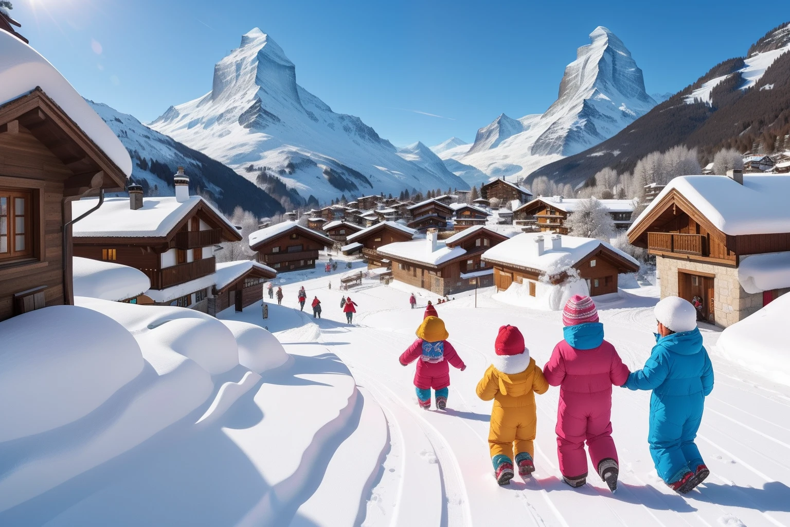 Year: 2019
Country: Switzerland
Description: In the picturesque village of Zermatt, families gather for a winter holiday. Children clad in colorful snowsuits build an intricately detailed snowman, while their parents sip hot chocolate on a cozy chalet balcony, overlooking the majestic Matterhorn.