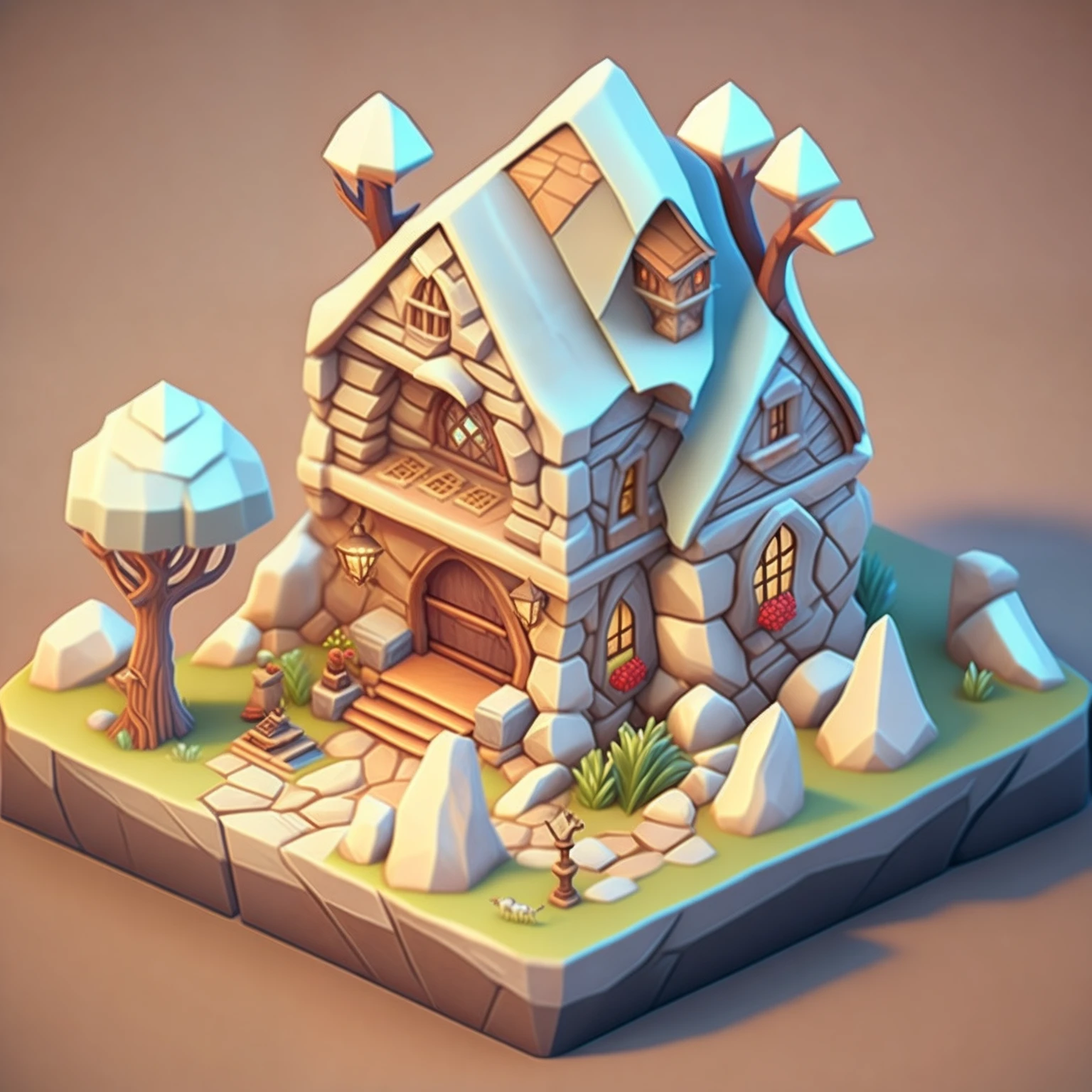 Isometric house, RPG style, Cartoony, DnD, fantasy, mobile game,Primitives,Animal skeletons,stone,wood