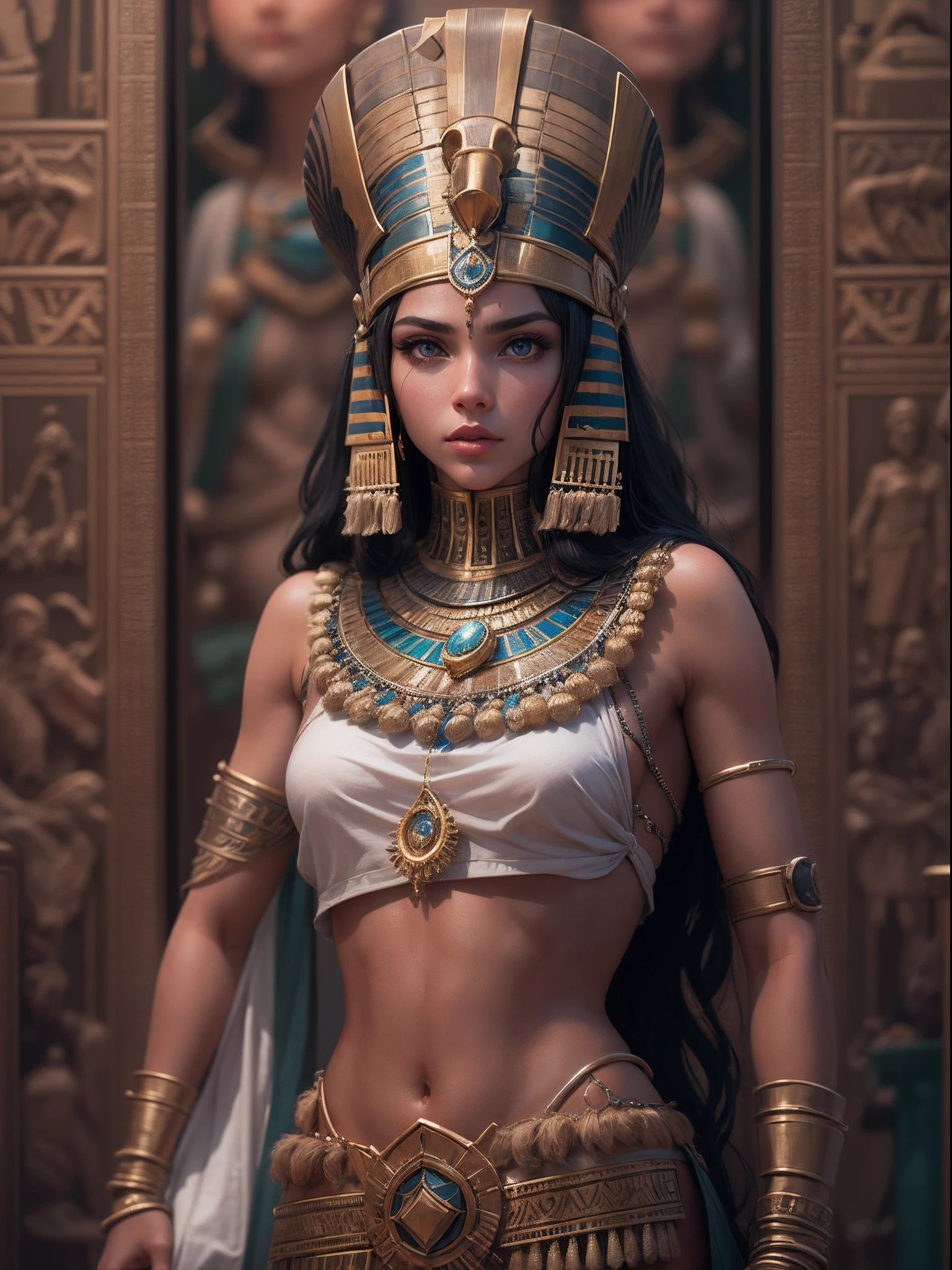 Very realistic and very detailed photography，Beautiful Egyptian female pharaoh in the city of the future pharaoh , body complet, Costumes, on which are engraved images of the shields of the pharaohs, hairlong, Hand and body tattoos, fashion pose, Beautiful brown eyes, symmetrical details, detailed gorgeous face, Typical articulated object , Advanced Pharaonic Environment , Combining pharaonic civilization with futuristic technology , outstanding detail, 30 miles/Hours, 4k, كاميرا كانون EOS 5D Mark IV الرقمية SLR, 85 mm lens, sharp-focus, intricate detials, Long dwell time, f/8, ISO 100, Shutter speed 1/125, Diffused backlight, a  photo of a, Award-winning, facing camera, is looking at the camera, Monovision, Perfect contrast, High Sharp, facial symmetry, Depth of field, ultra detailed photograph, Reise, Global Illumination, Tamvitamid, A fluffy, extra high resolution, 8K, Unreal Engine 5, Hyper Sharp Focus, a  photo of a, Award-winning, Popular on ArtStationH