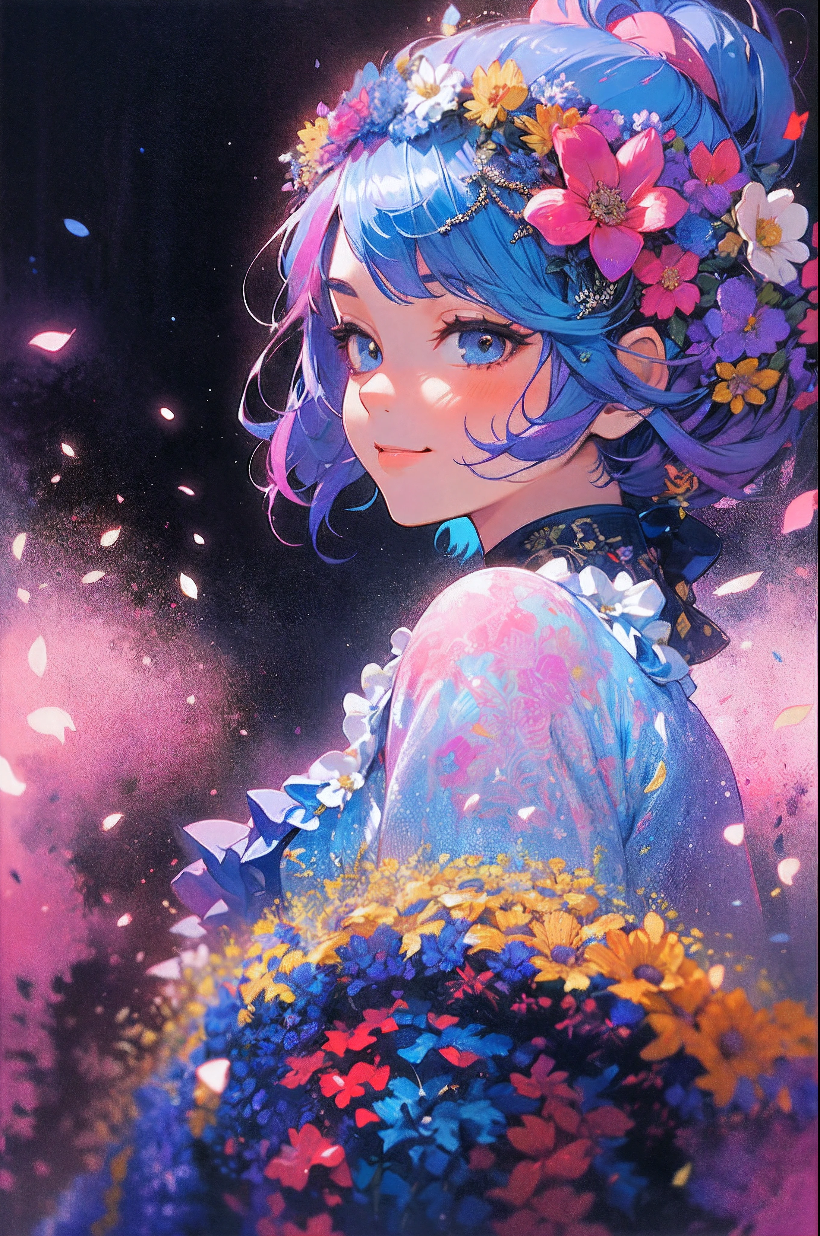 ((Flower dress),((flowercrown))，innocent smiles，(1 girl, Solo:1.6),(Cute smile),(Clothes are simple), (Best Impact:1.5), (maximalism:1.7), Vivid contrast, (Realistic), hyperrealistic illustrations, hight resolution, ultra-detailliert, absurderes,(Fractal Art:1.3)、Random hairstyle、Random hair color colorful、FULL BODYSHOT、Retro、Precise focus、randome pose、cinema4d、Drama