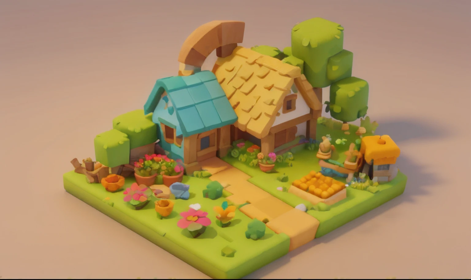 Game architecture design, cartoon, farm, stone, brick, grass, river, flowers, vegetables, wheat, trees, animals, casual play style, 3d, blender, masterpiece, super detail, best quality