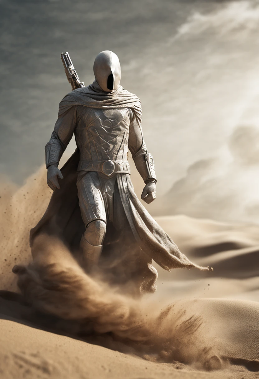 The Moon Knight dissolving into swirling sand, volumetric dust, cinematic lighting, close up portrait –ar 1:2 —q 2