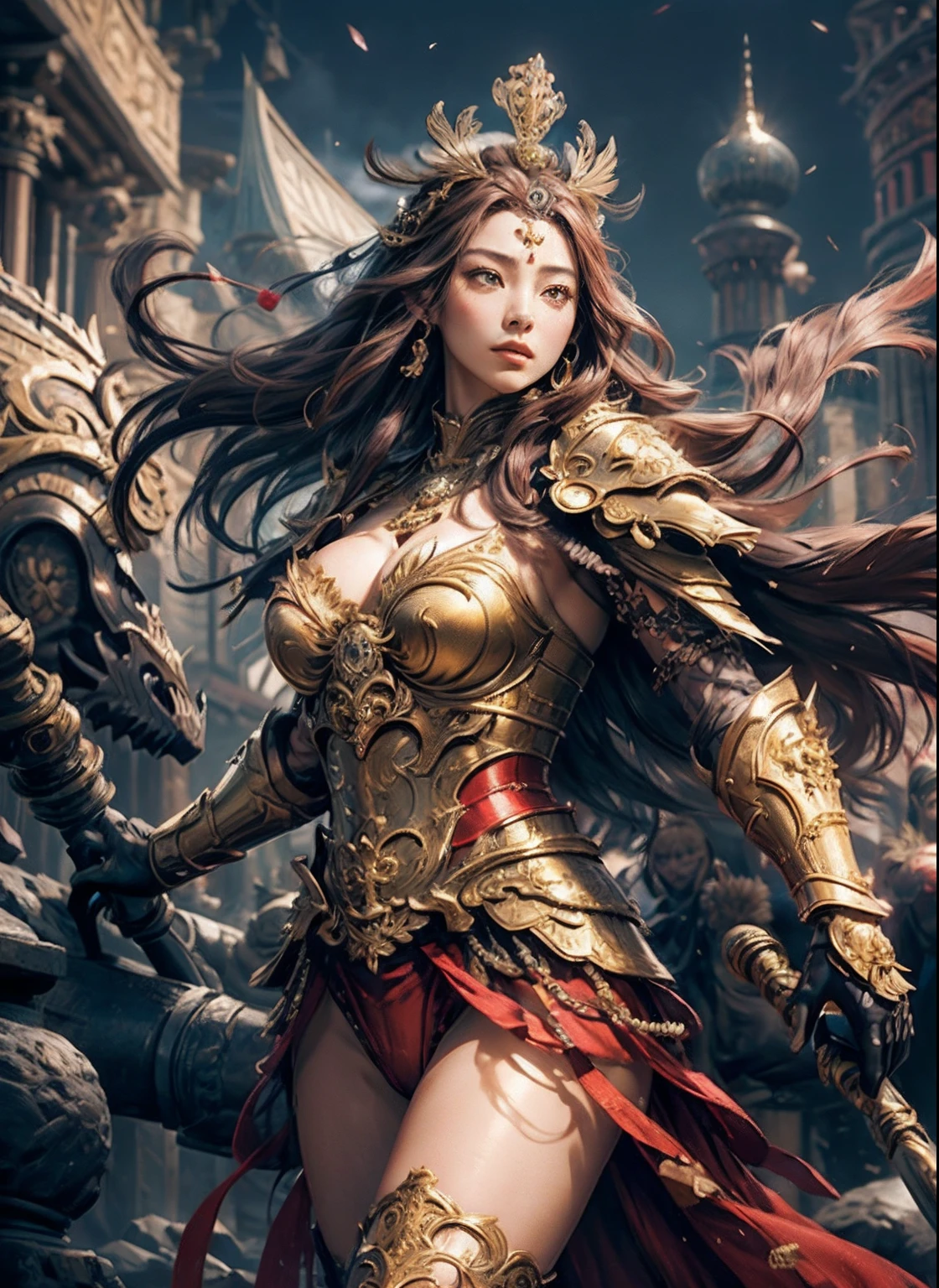 (surrealistic), (hight resolution), (8K), (ighly detailed), (beatiful detailed eyes), (top-quality), (ultra-detailliert)、intricate detailes、
1girl in、fullbody image、(Goddess of battle、A beautiful woman full of power、hali々and has)、perfectly proportions、big eye、pretty eyes、爆乳、big breasts thin waist、nabel、Crotch gap、thighs thighs thighs thighs、beautiful countenance、A detailed face、Perfect figure:1.4、(shinny skin), (cleavage of the breast)、length hair、the wind、Red bra、 Long ugly hair, (Brown hair:1.3)、Look at viewers, Wearing intricate red super armor、Clear Focus:1.2、Lightning Effect、Ultra-detailed large crown adorned with jewels:1.2)、huge tit、oppai、Translucent sexy underwear、Jewels with intricate details、(Ultra-detailed yellow armor adorned with jewels:1.3)、diffuse lighting、Valhalla Valkyrie、(Realistic lighting)、Light your face、Lights from the front、Shine a light on your face、