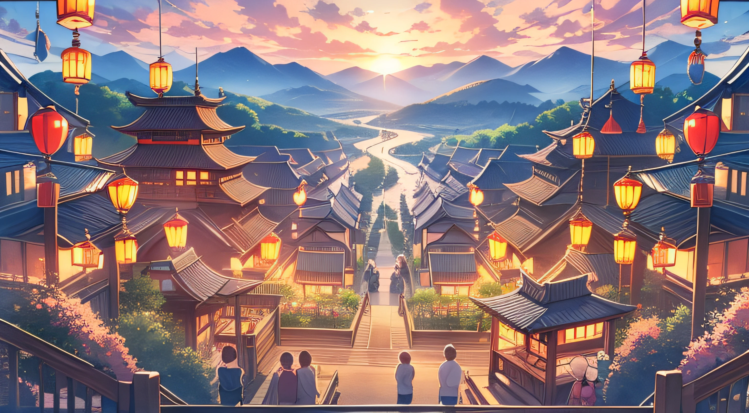 masutepiece, Best Quality,Illustration, Wallpaper, Ultra Detail, absurderes, matsuri、atmosphere、Beautiful scenery , luminous sky,(a panoramic view:1.3),(Sense of depth:1.5)、Summer Festivals、countryside