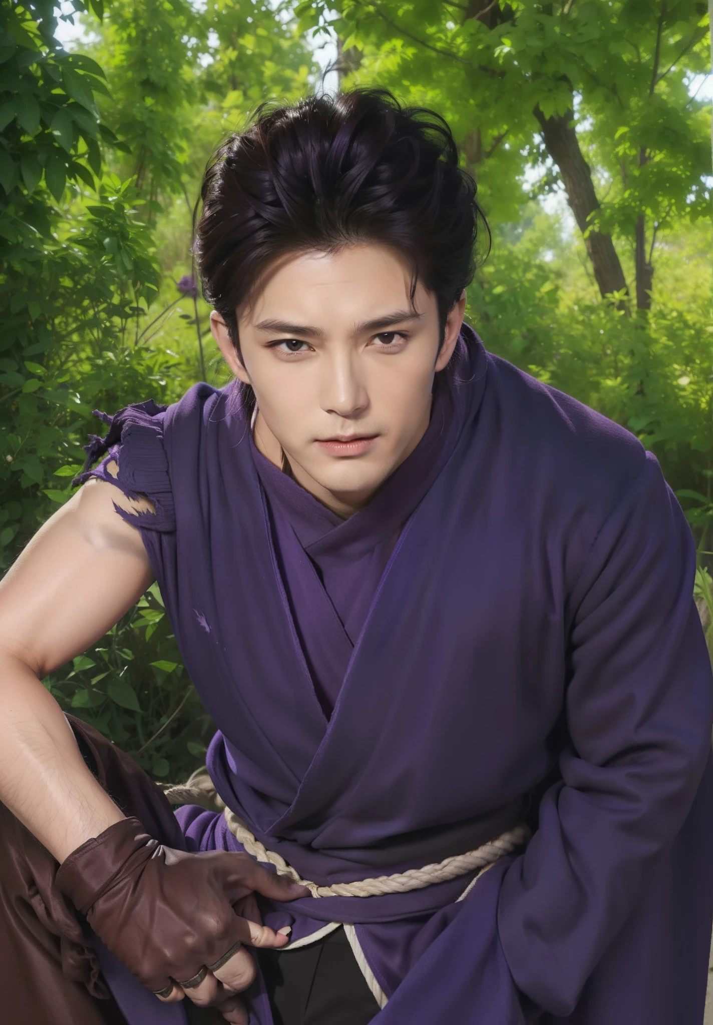 Real life adaption of this character,(realistic hair),((realistic outfit long-sleeved robe is purple and one of the sleeves is torn at the shoulder)),realistic brown gloves,black pants,white rope in wasit,handsome Korean face,realistic light,realistic shadow,(photorealistic1.2),realism