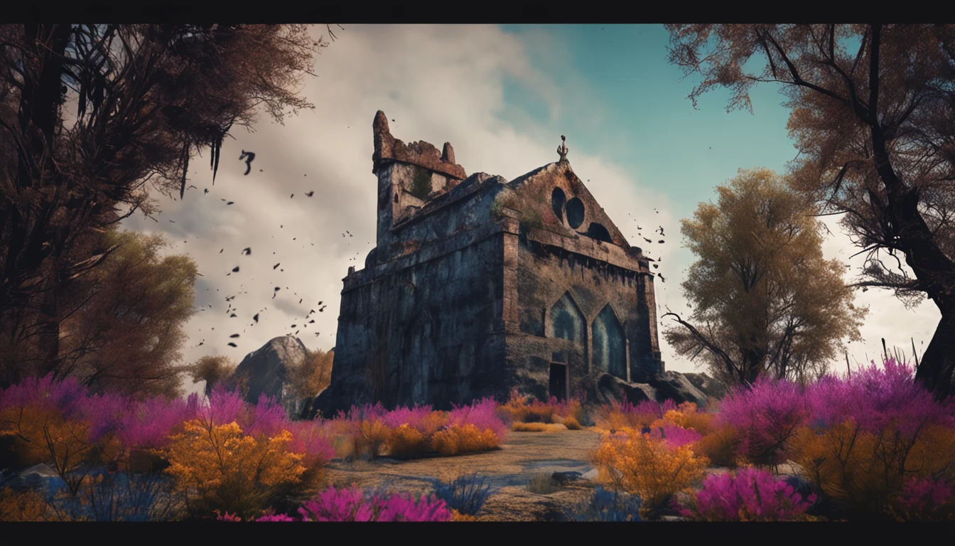 a picture、ruins、Tower in the back