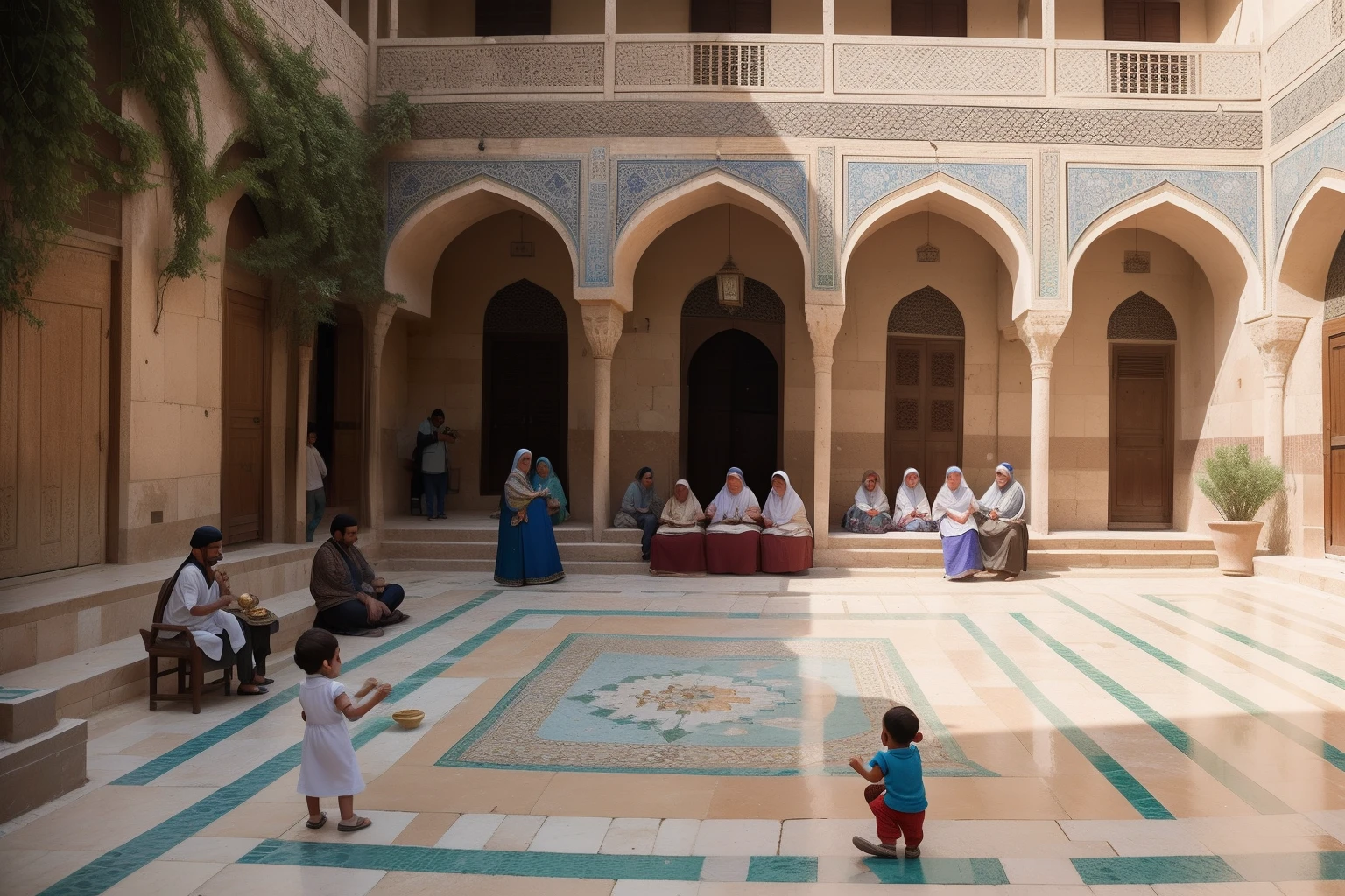Year: 2018
Country: Syria
Description: In the historic city of Damascus, families gather in a beautifully restored courtyard. Children play traditional games amidst mosaic patterns, while adults enjoy an elegant afternoon tea surrounded by blooming jasmine bushes and intricate architecture.