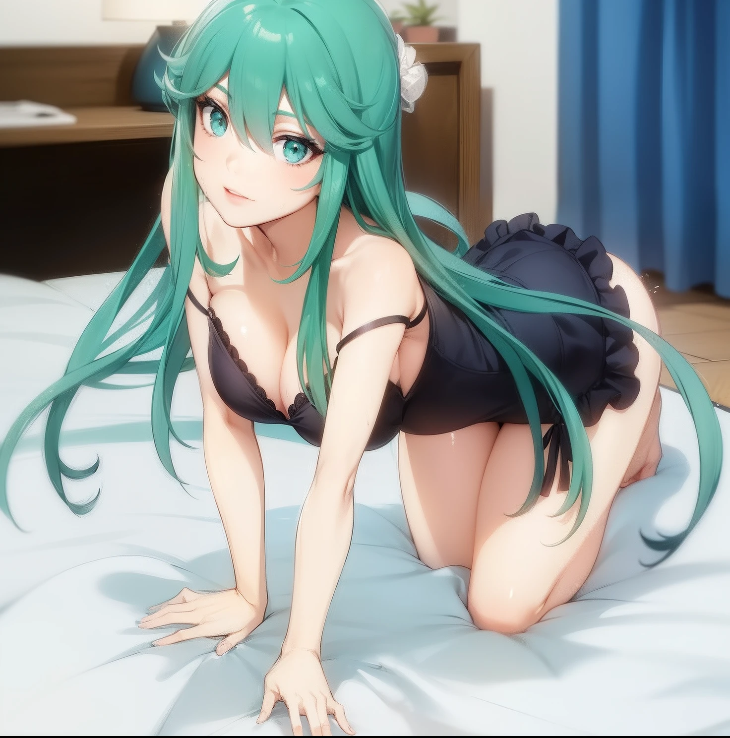 Beautiful girl, hot girl, detailed face, detailed eyes, detailed hair, detailed body, hanging boobs, change background, 8k, realistic, ultra realistic, ((she is naked)) visible panties, visible swimsuit, ((sge us wet)) green hair