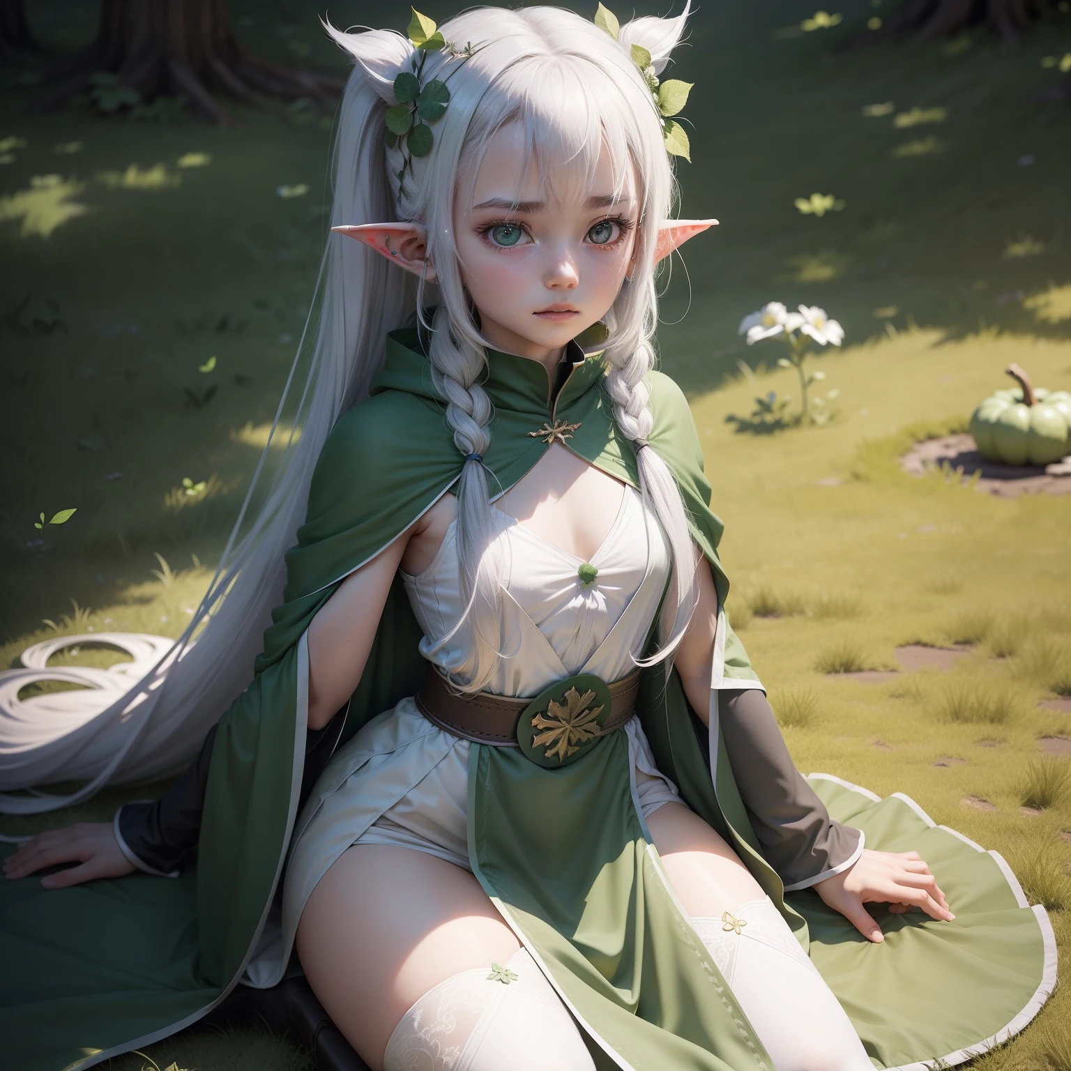 The appearance is that of a young girl，Has elven ears。Her long grayish white hair is tied into a side ponytail，The ends have a distinct green gradient，A young leaf grows on the right side of the head，Symbolizes its status as a new god。The bottom layer of the Nasida iris is dark green，The cruciform pupil is light green，The shape is a four-leaf clover，There is a circle of dark green lines around it。Narcida wears a green cloak，and wearing a white bud dress。Wearing white pumpkin pants，The skirt has gold lines on the surface，The inner side is a light green foliar pattern，-faceetite figure