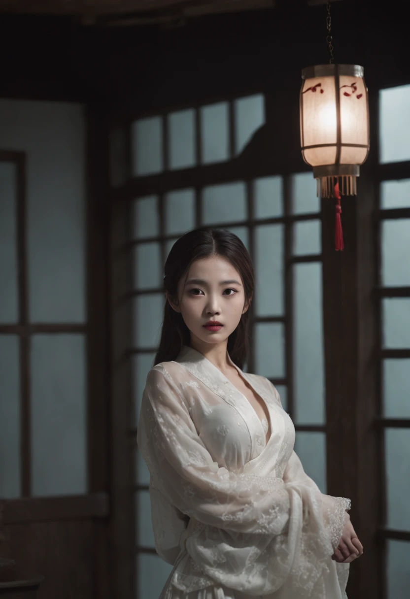 (tmasterpiece、high-level image quality、high high quality)、(Young beauty ghost)、Female ghost stories,(Japanese ghost stories)、horrid、Amazing beauty、爆乳、Excellent style、Incredible images、She looks like a Japanese model actress.Glossy、 Beauty Yokai、dim murky lights.lantern、agitation、canny、Frightened、Japan houses、The night is dark、(fiction、Horror pictures、Ghosts)、
