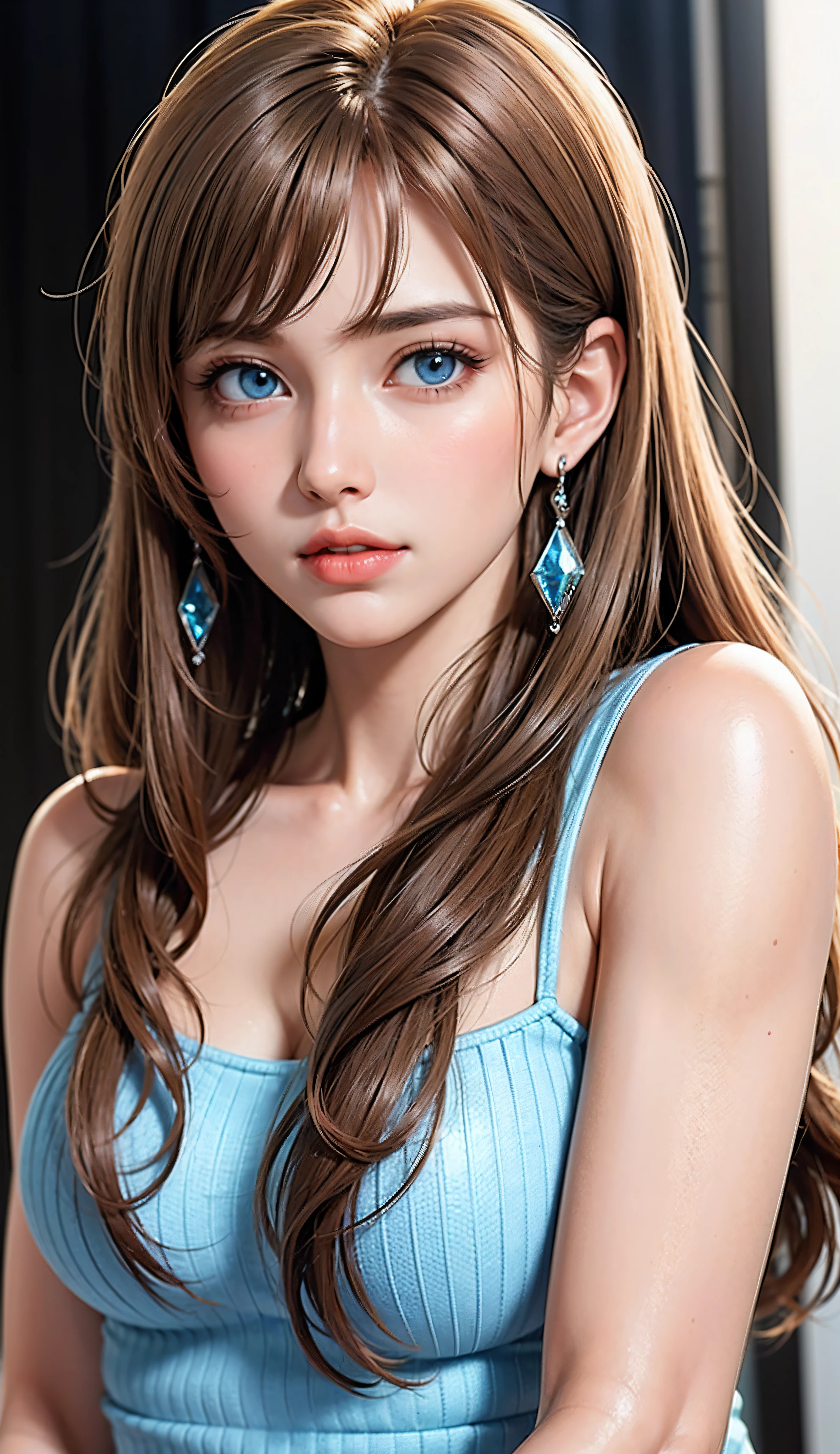 Light brown hair, intense crystal light blue eyes, no earrings