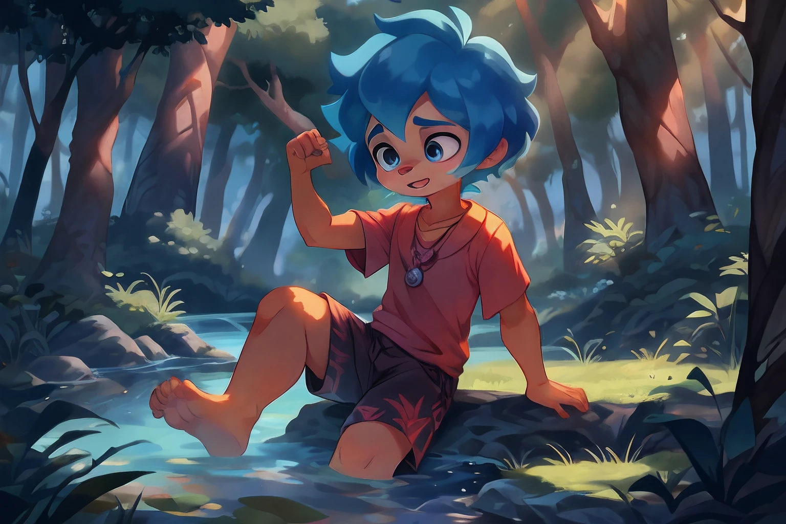 "A , Immerse yourself in nature, Sit under towering trees, His gaze was fixed on the leaves dancing above。。。。. Deep in thought, He pondered the mysteries of the world."furry,Blue hair