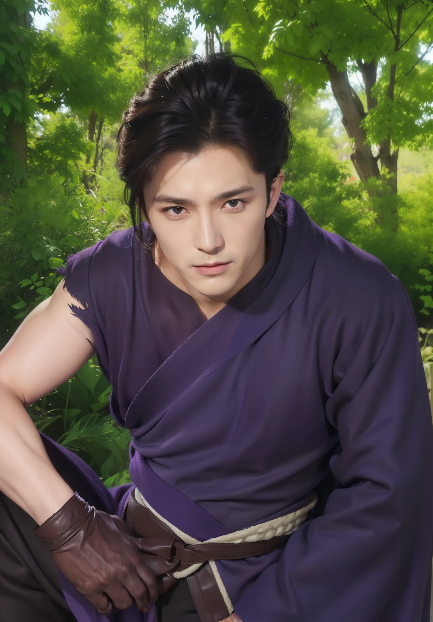 Real life adaption of this character,(realistic man hairstyle),((realistic outfit long-sleeved robe is purple and one of the sleeves is torn at the shoulder)),wear realistic gloves brown color,black pants,white rope in wasit,handsome Korean face,realistic light,wear realistic shadow,(photorealistic1.2),realism