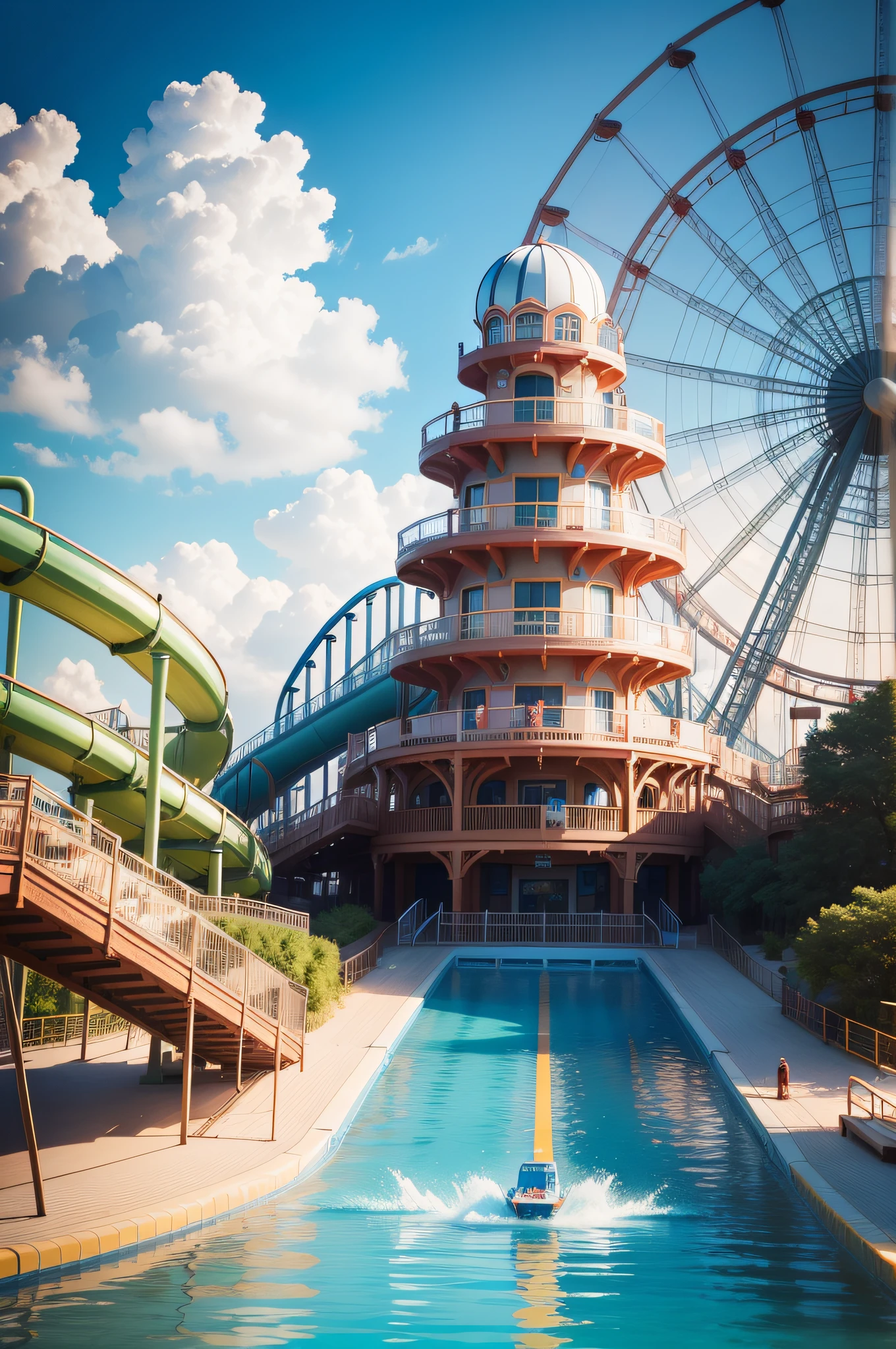 There is a large water park with water slides, amusement park attractions, theme park, An amusement park, amusement park buildings, Background blur, blurred detail, 4k, water world