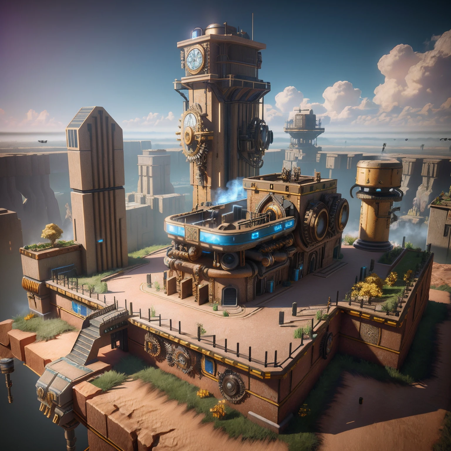 Isometric perspective,a 3D render,Realistic style ,Highly detailed 3D game levels,(Steam punk:1.3), (Mechanical punk gear:1.4), clock, conveyor belt, windmills, Rigorous science, Artistic style,Vray rendering,Art Station, High quality, Ultra HD details,concept design,Cinematic light, Very high definition, High details, 8K, Ultra photo realsisim, High detail,Global illumination,Realistic lighting,Unreal Engine rendering,Substance 3D, Octane rendering,