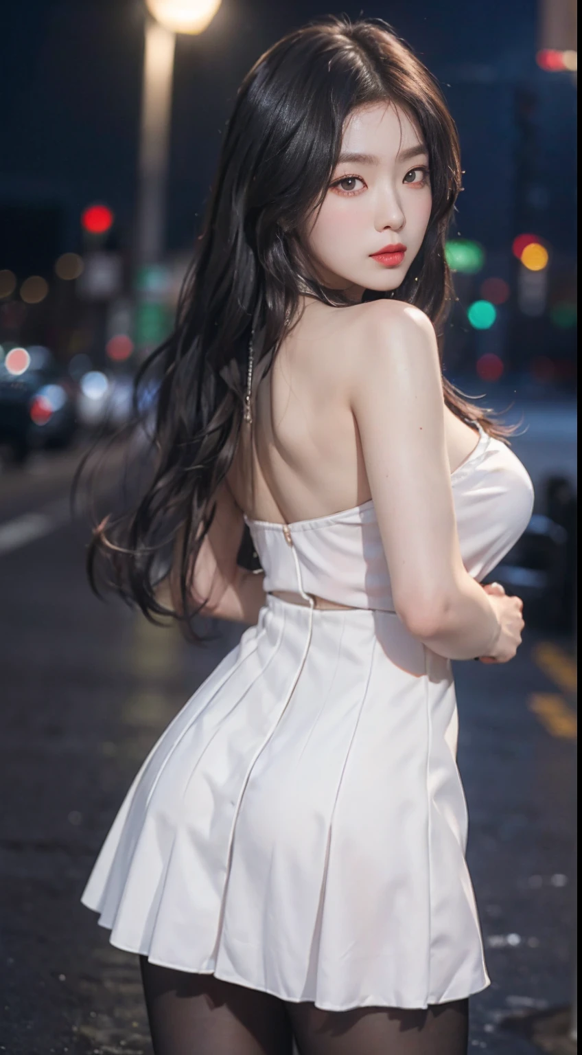 (8k, RAW photo, best quality, master:1.4), ultra high res, (realistic, photo-realistic:1.48),omertosa,1girl,(Kpop idol), (aegyo sal:1), cute, (super bokeh night Downtown: 1.25), Bokeh, Night, Traffic Lights, Road Signs, Rain, After Rain, Humidity, Professional Lighting, Detail Lighting, Photon Mapping, Radiosity, Physically Based Rendering, Black Pantyhose Bloom, Backlighting, Depth of Field , natural lighting, hard focus, film grain, one meter shooting distance, professional shot, shot with Sony a9 II mirrorless camera, detailed eyes, realistic eyes, detailed shadows, looking at viewer, dog ears, detailed lighting, skirt, black dress, long legs, black stockings, (detailed hair, realistic hair, realistic lighting, realistic shadows, realistic clothing), realistic skin, (gun on waist: 1), from above Realistic light reflections, ((back of arms)), (back of hands), tube top, sexy