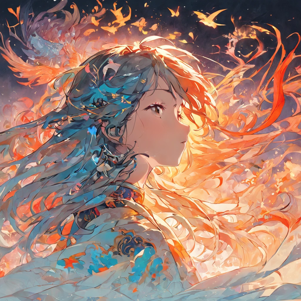 (White background:1.4),(Silhouette of a girl's head, Eyes closed, colorfull long hair, Oriental elements),(Chinese illustration:1.3,paper art:1.3, Quilted paper art:1.2),( reasonable design, Clear lines, High sharpness,Best quality, Very detailed, Masterpiece, movie light effect, 4K )