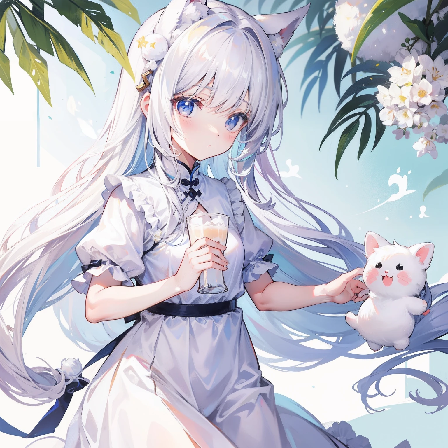 Milky long-haired milk,White clothes,Hu Hu is a very cute face,This is a cute sweet girl