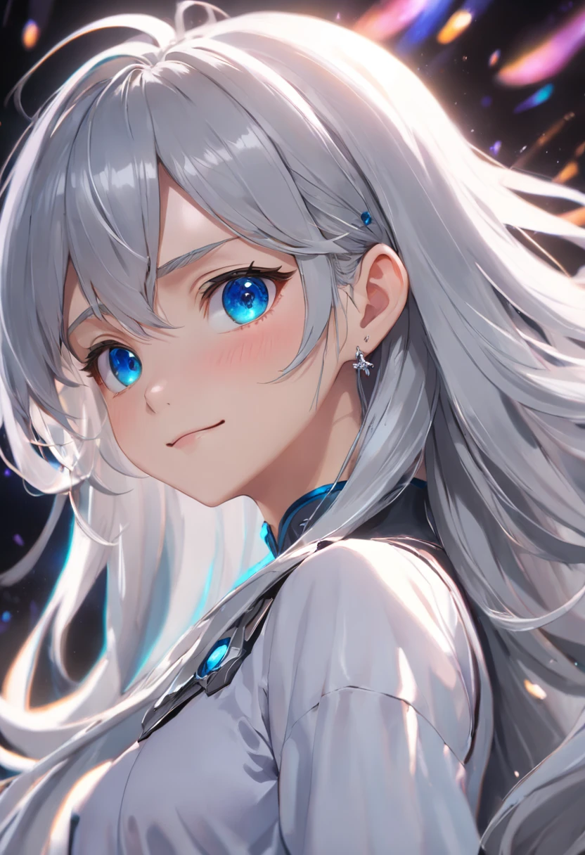 silver hair, long hair, halo, mole under eye, aqua eyes, earrings, seductive smile, torogao, depth of field, move chart, first-person view, Verism, cinematic lighting, stereogram, UHD, high quality, UHD, masterpiece, textured skin, super detail
